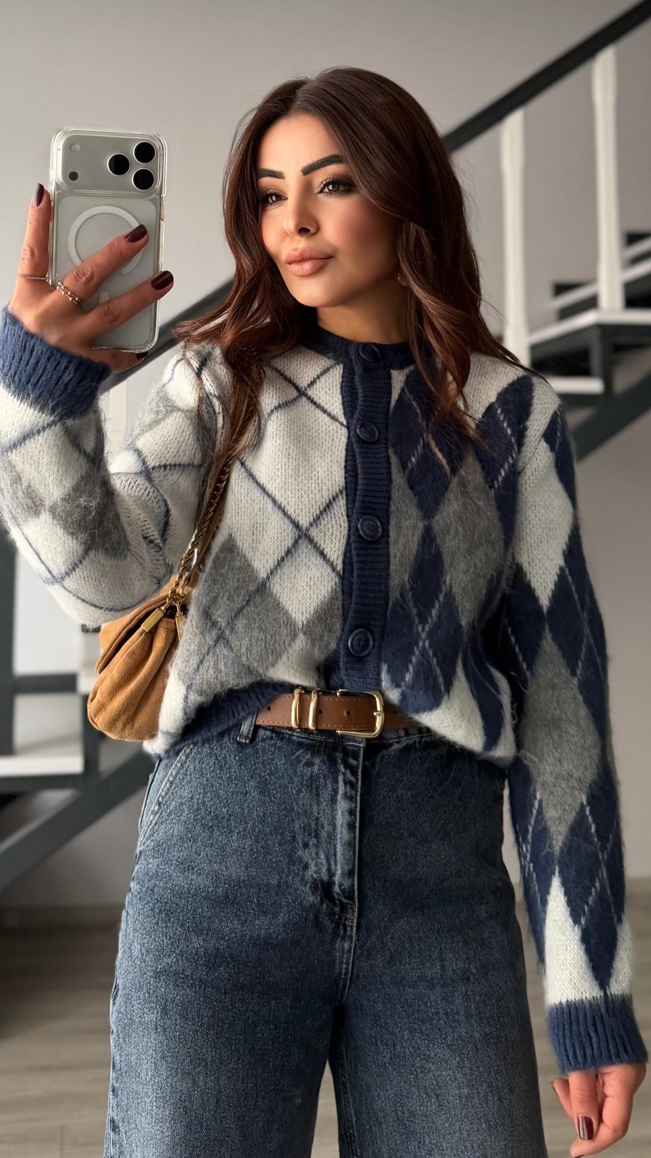 Indigo Bone Pattern Baklava Style Brushed Cardigan