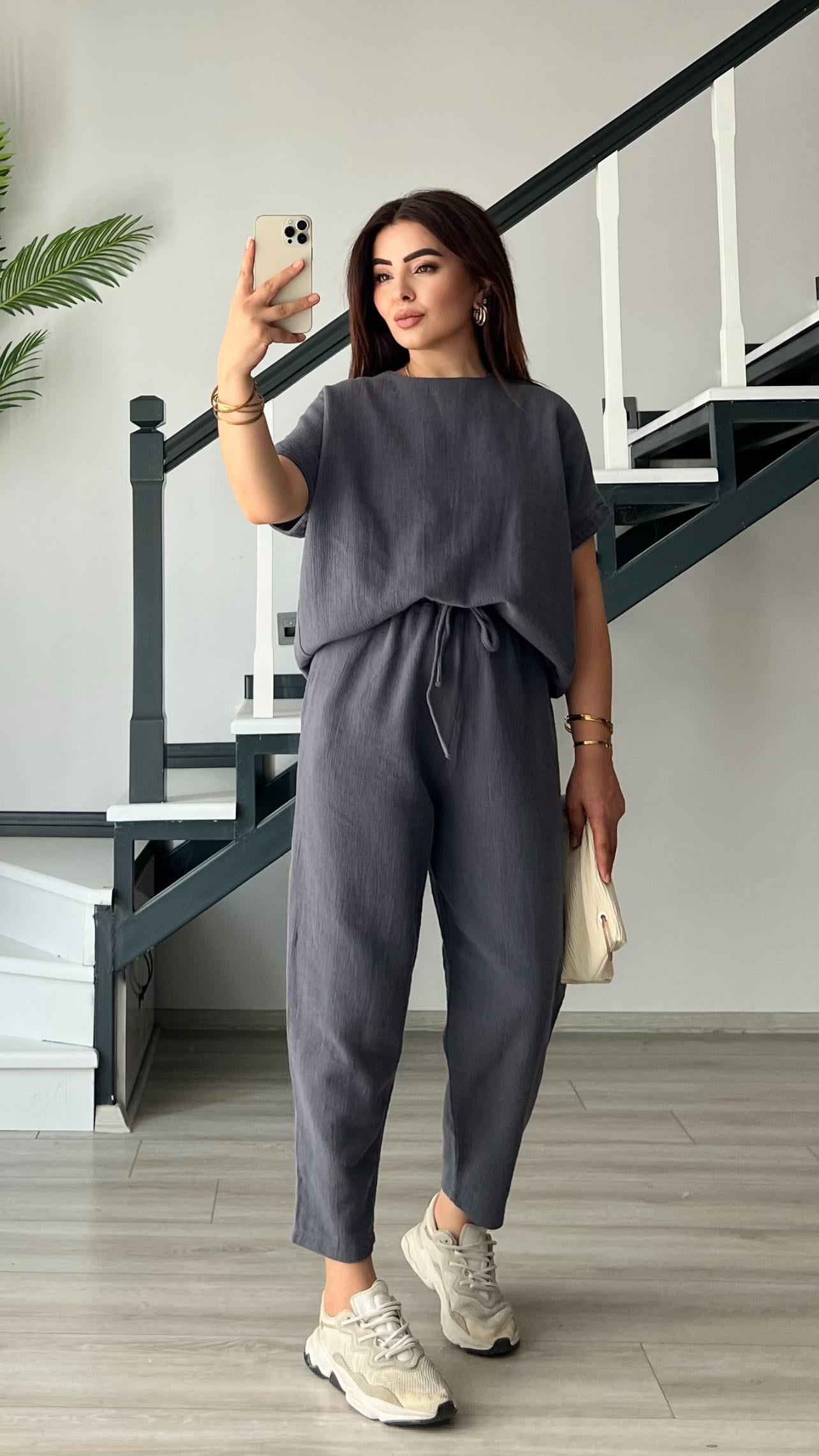 İndigo Organik Keten Bluz Pantolon Takım
