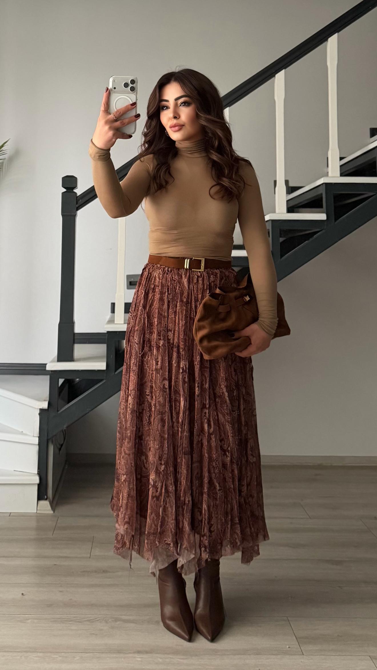 Kahve Astarlı Bel Lastikli Asimetrik Etek