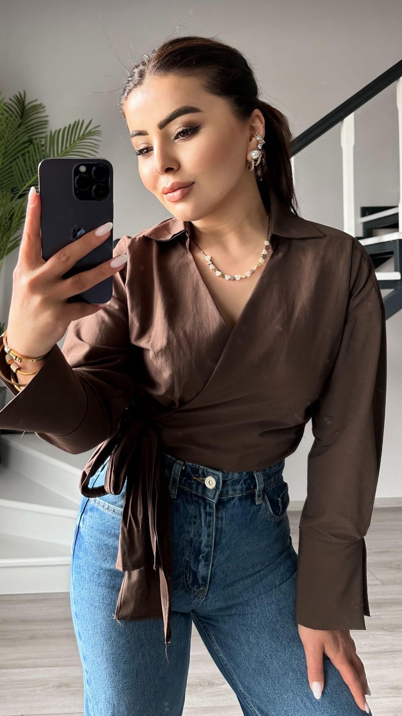 Kahve Bağlama Detaylı Poplin Gömlek