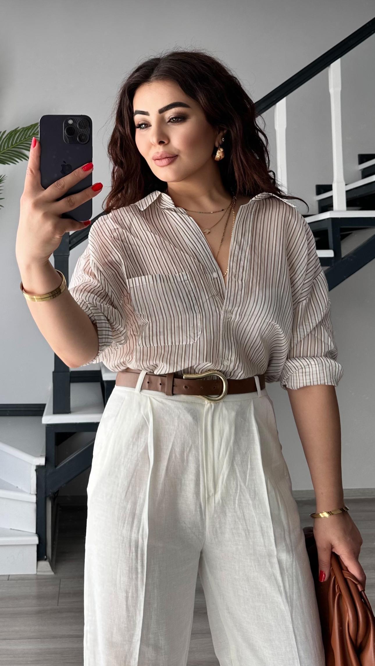 Kahve Boydan Çizgili Oversize Gömlek