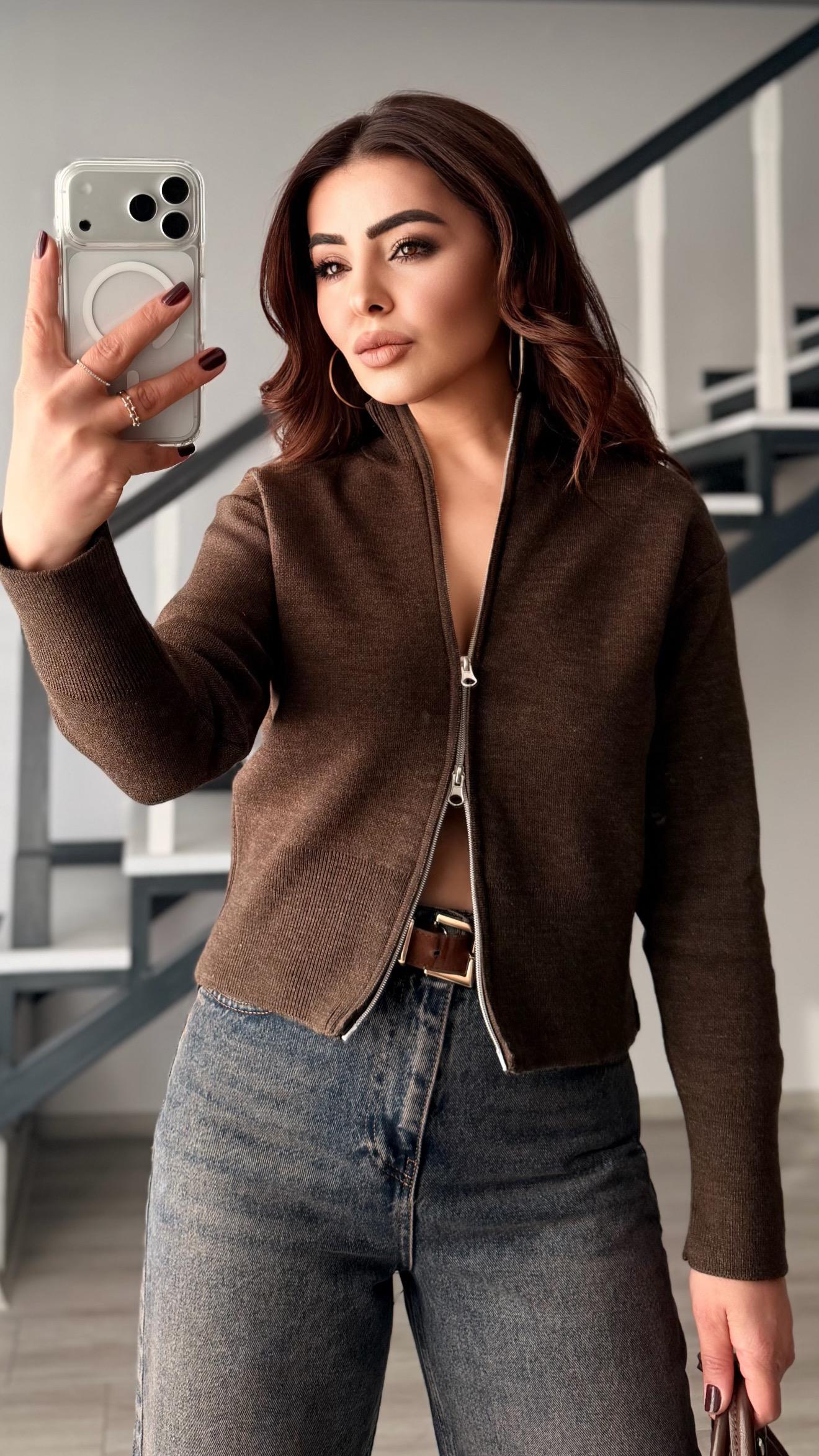 Coffee Double Zip Steel Knit Cardigan
