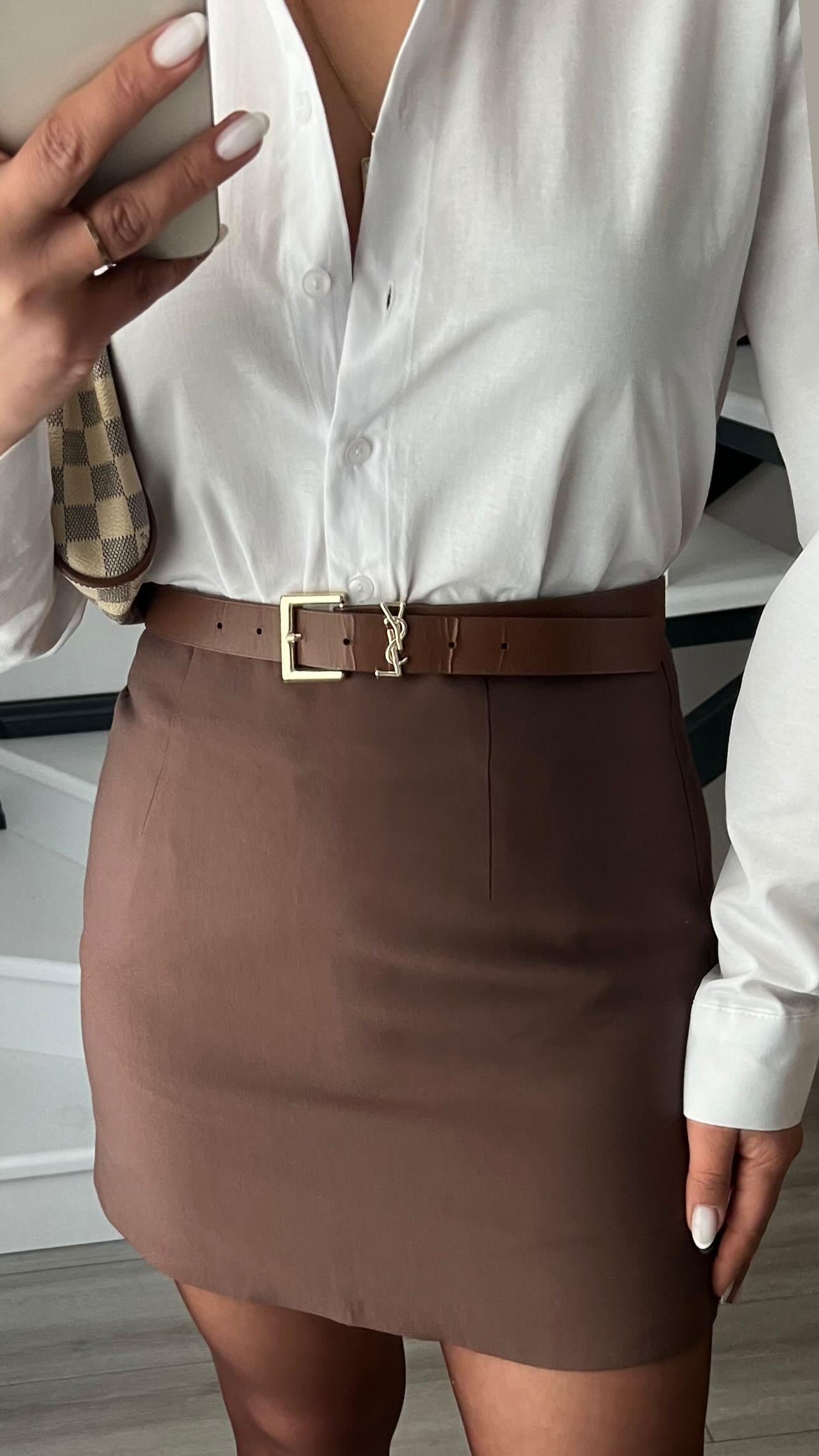 Kahve Fermuarlı Mini Kumaş Etek 