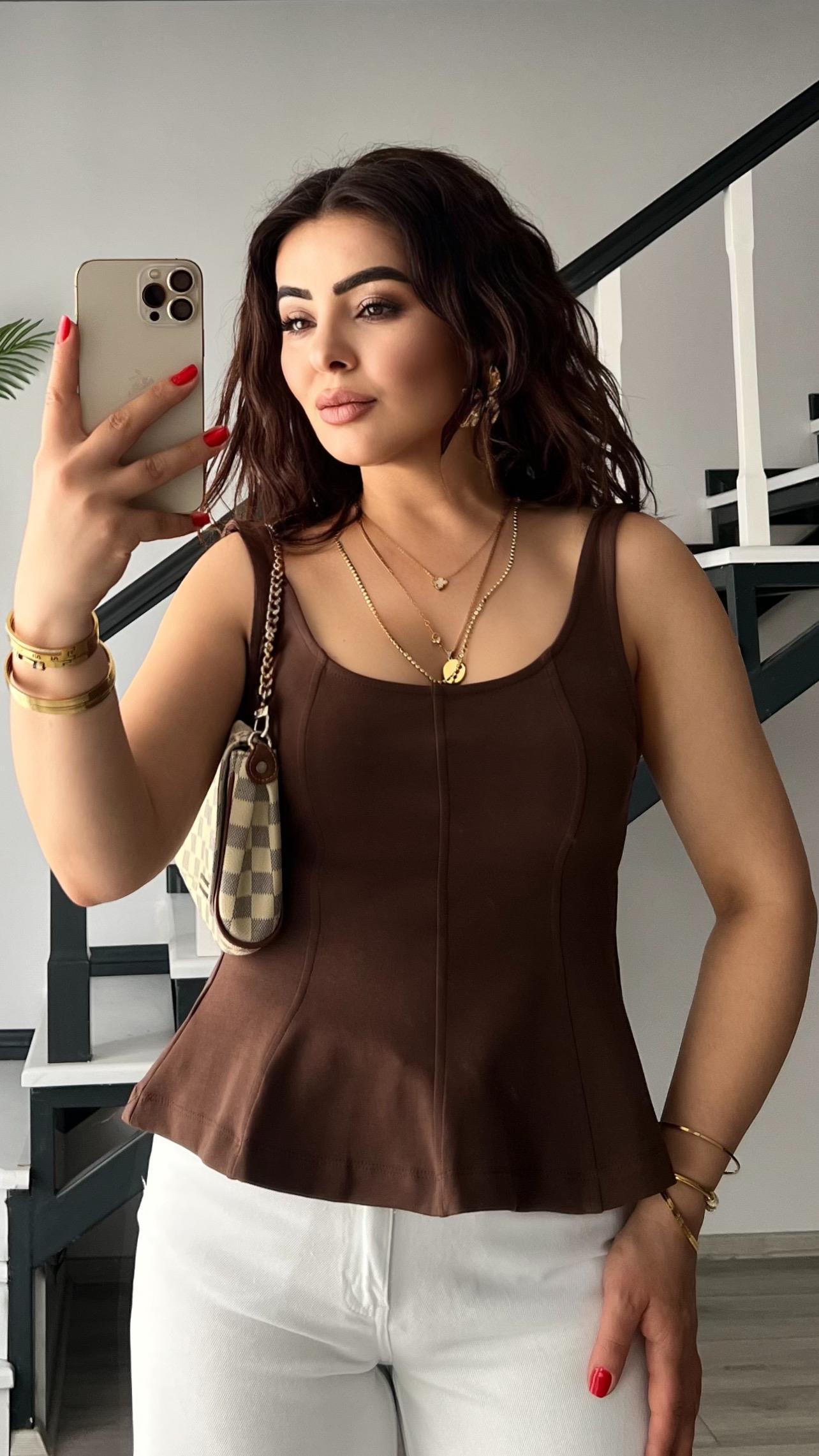 Kahve Kalın Askılı Peplum Bluz