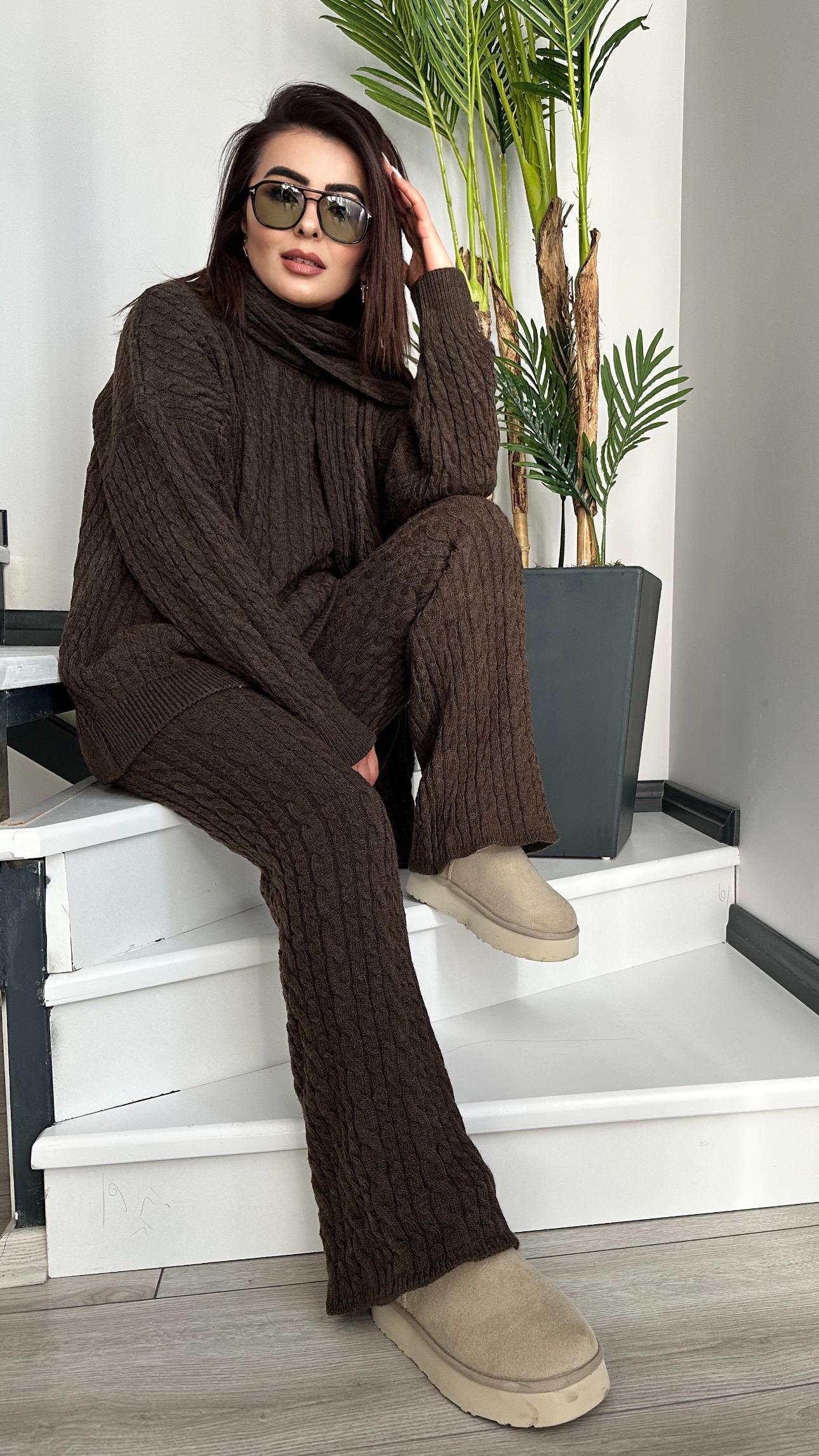Kahve Saç Örgülü Atkılı Triko Takım