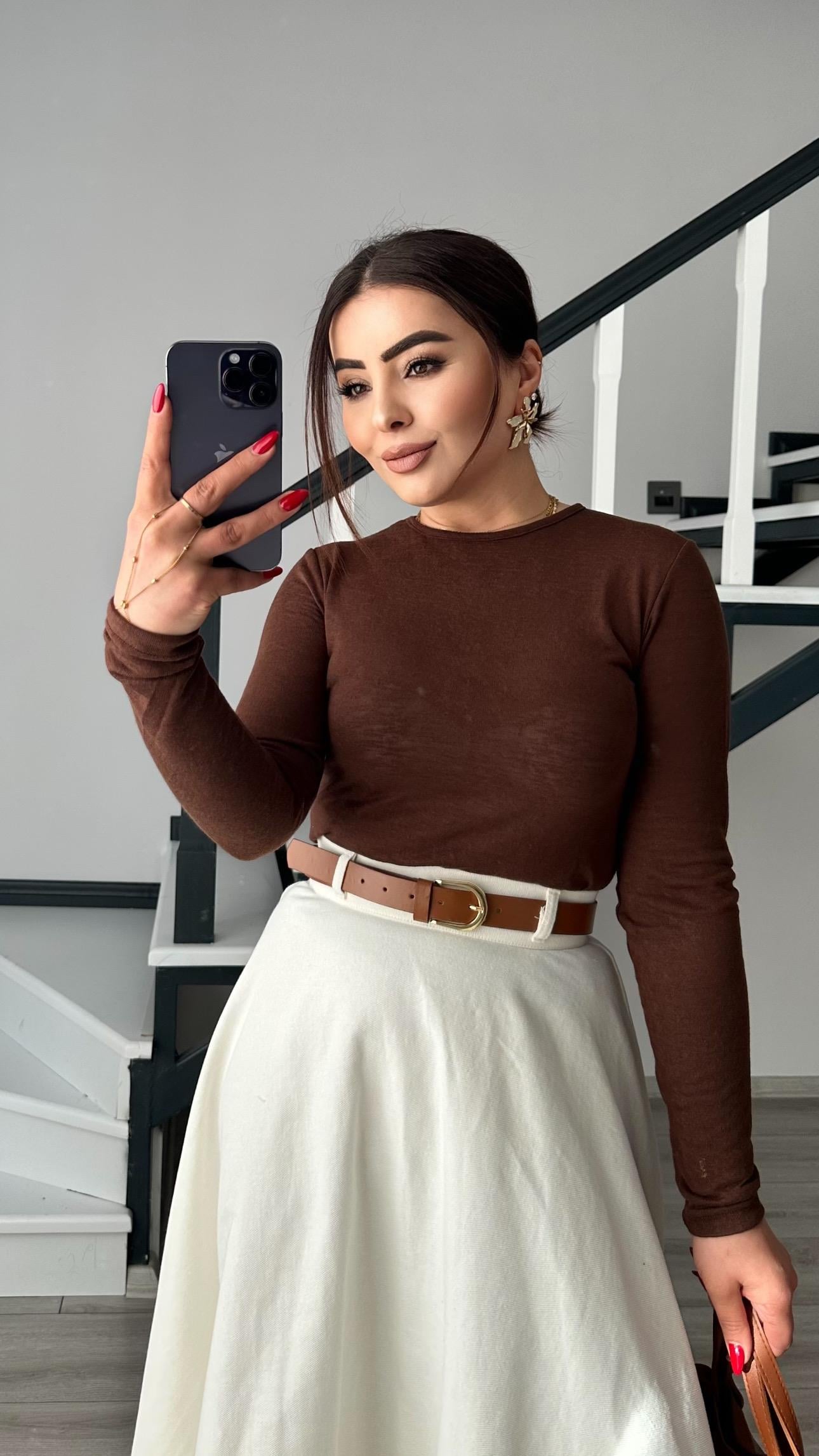Kahve Sıfır Yaka Yarı Transparan Bluz 