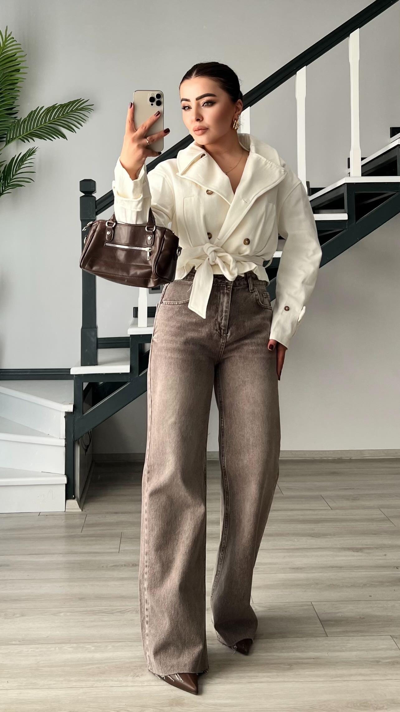 Kahve Tintli Paça Kesik Wide Leg Jean