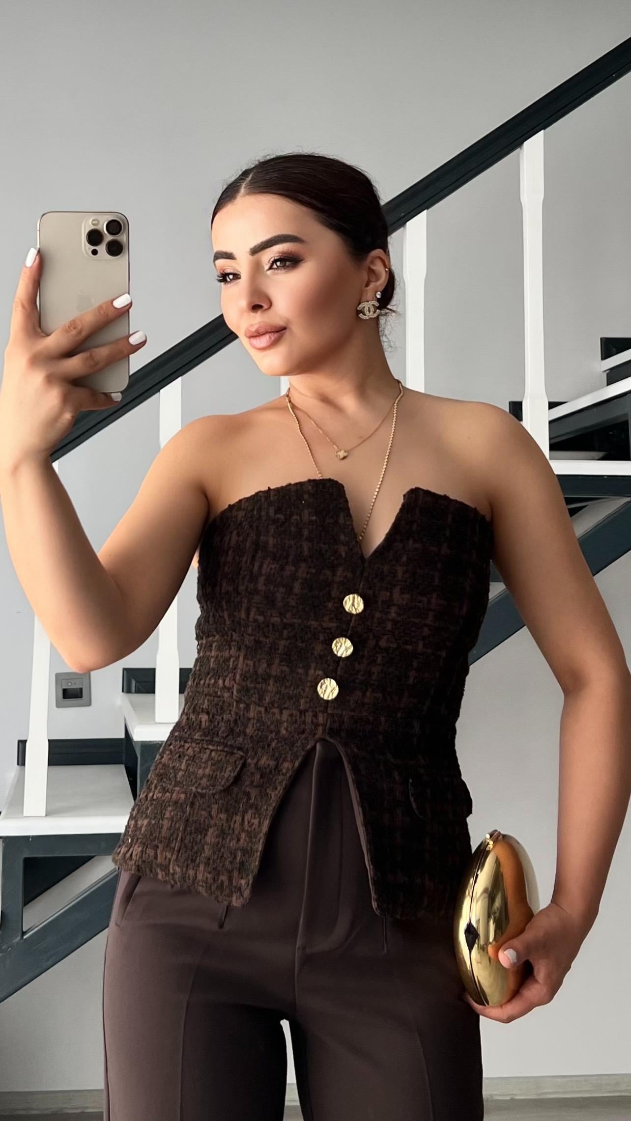 Coffee Tweed Gold Button Bustier