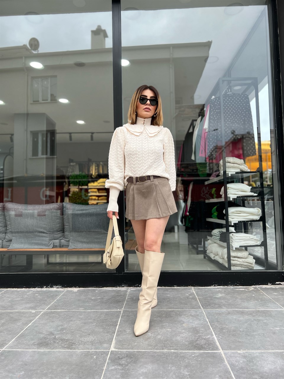 Kemerli Duple Pileli Mini Şort Etek