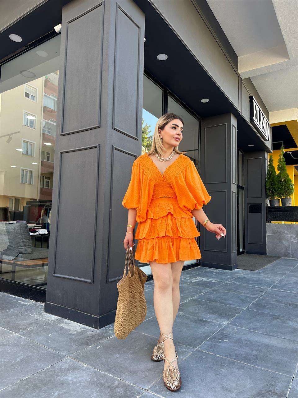 Keten Orange Bluz Etek Takım 
