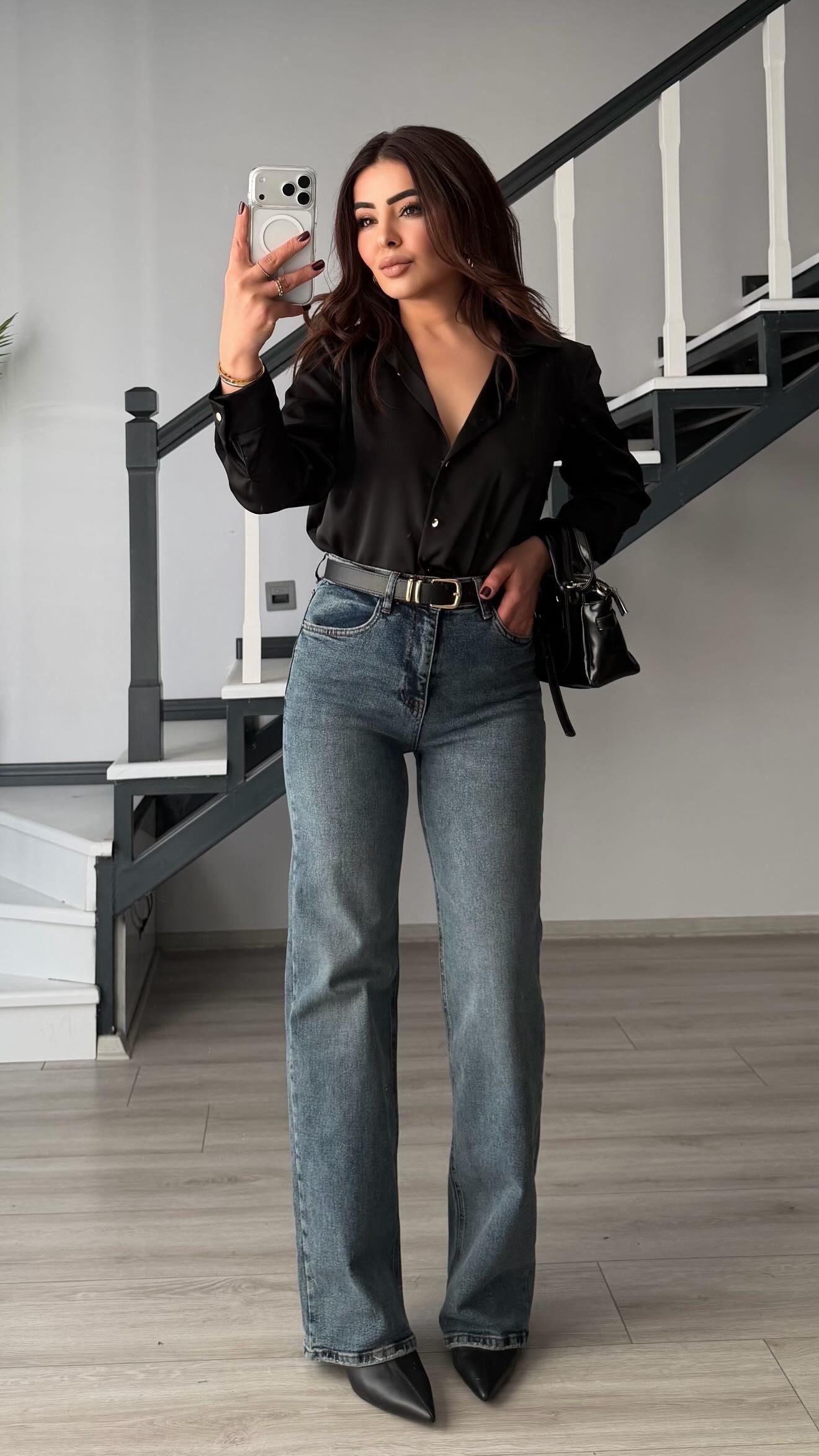 Koyu Mavi Kemerli Likralı Straight Jean