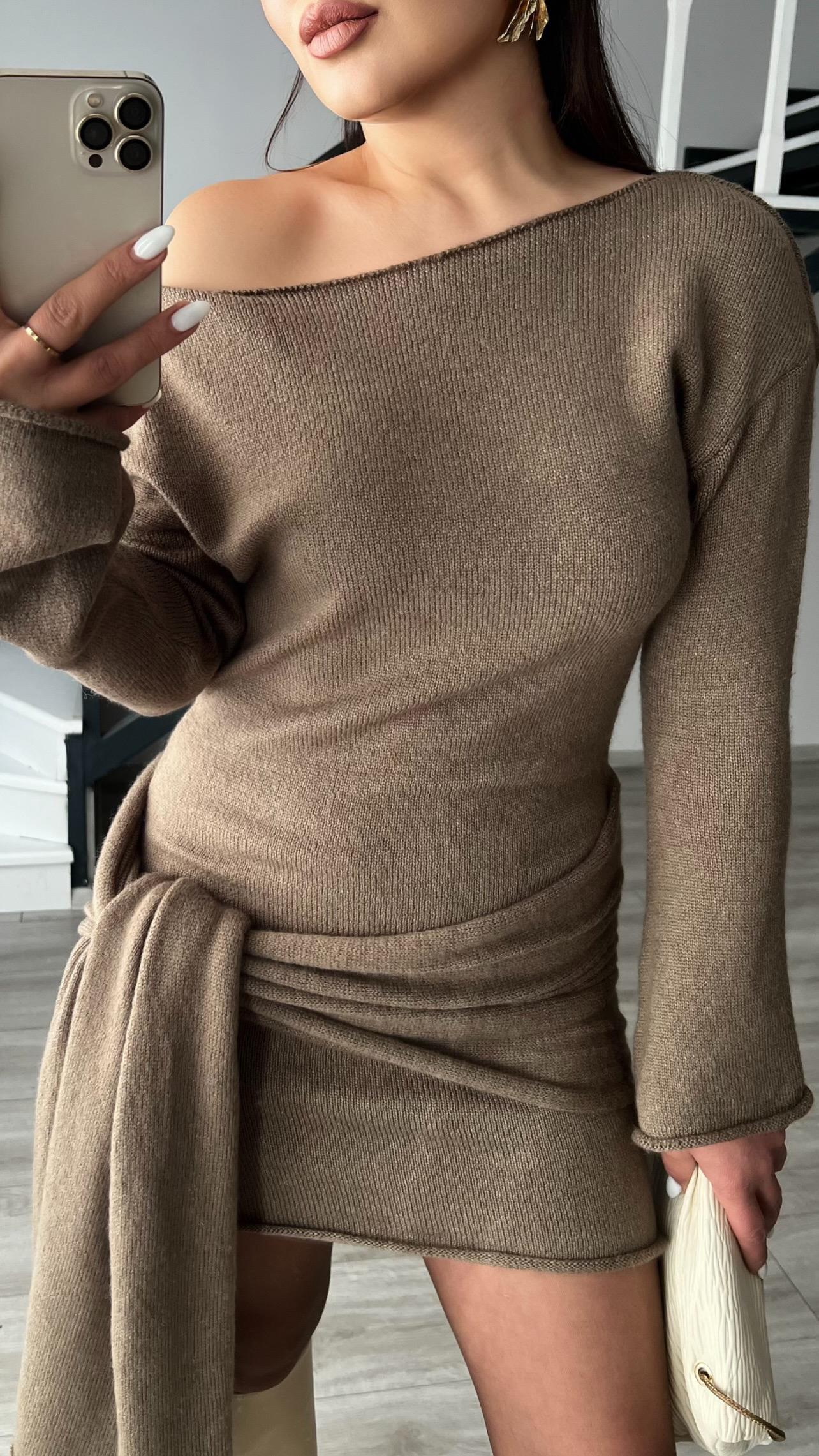 Dark Mink Boat Neck Knitted Dress with Shawl Accessory