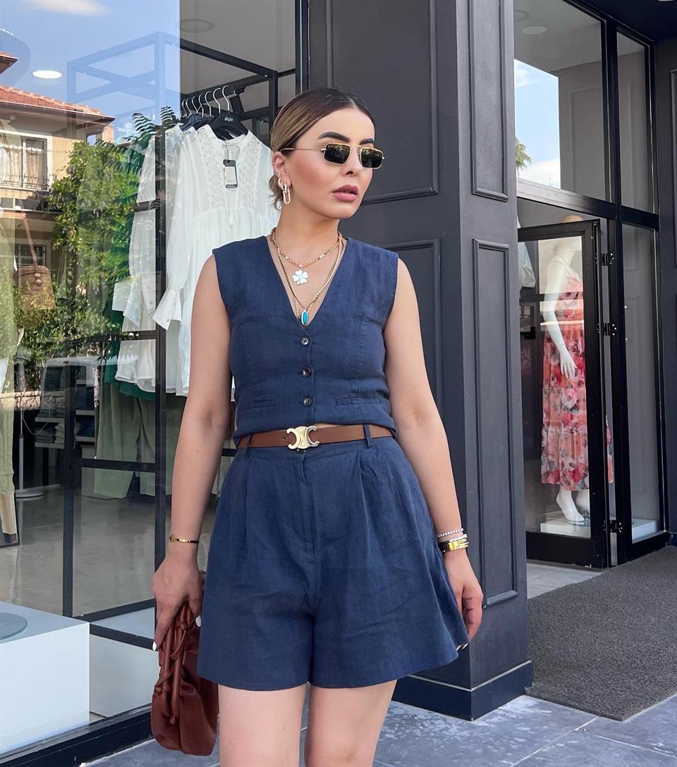 Lacivert %100 Ham Keten Astarı Pamuklu Yelek