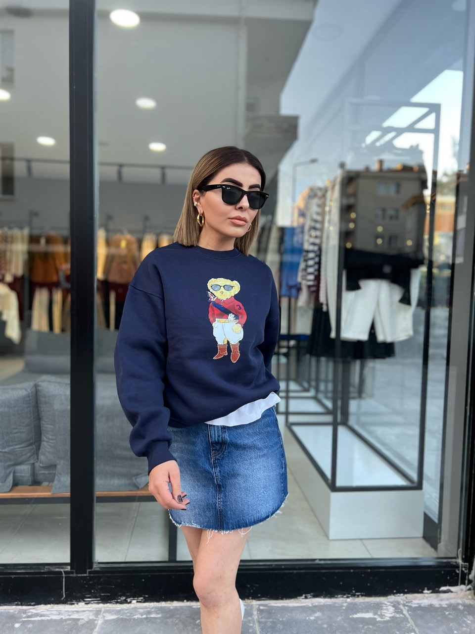 Lacivert Bear Baskılı Sweat
