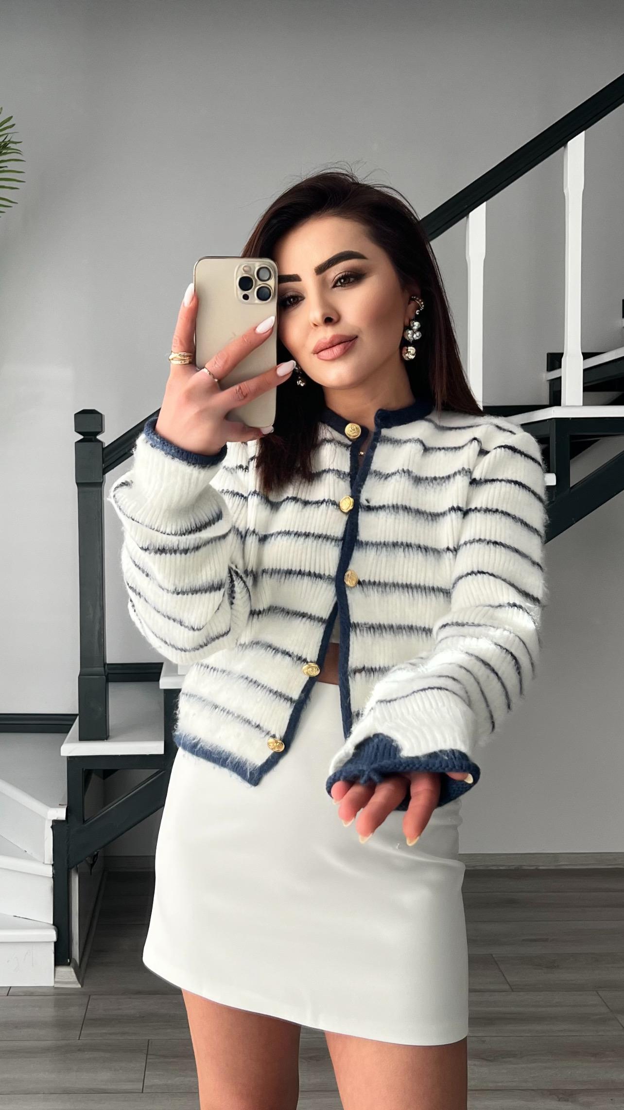 Navy Blue and White Striped Cardigan with Sleeve Detail and Brushed Fabric