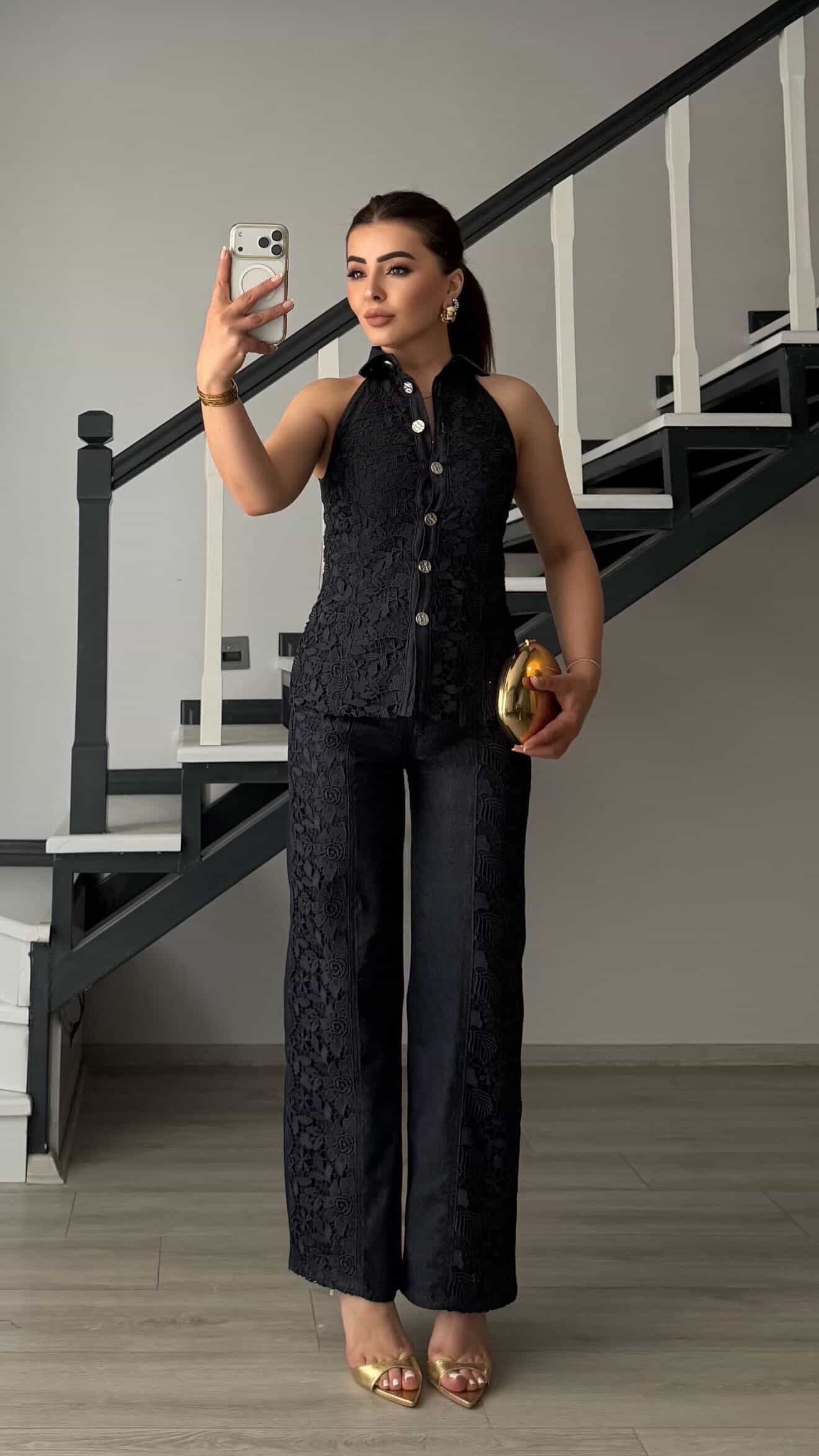 Lacivert Güpür Detaylı Denim Takım