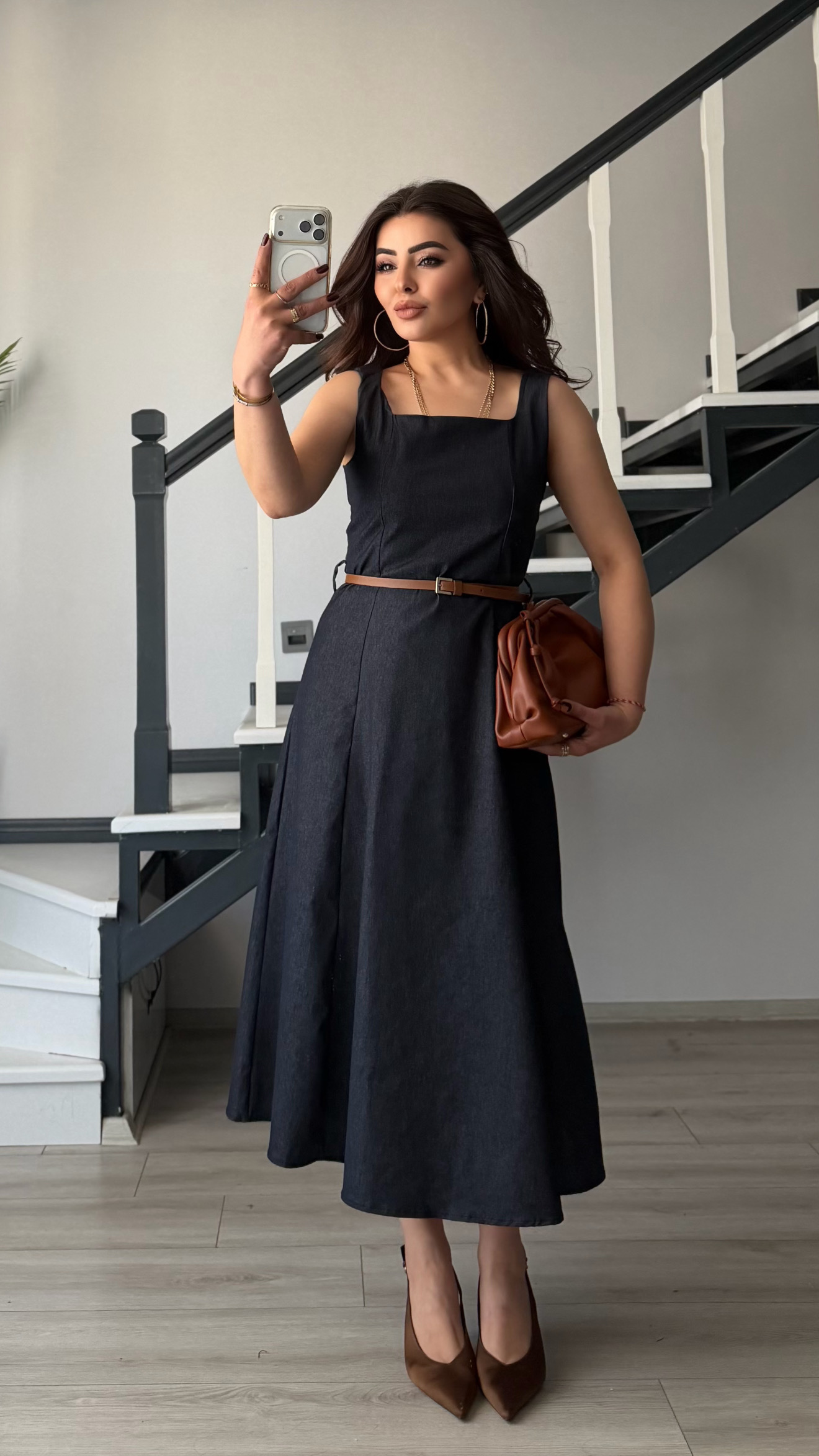 Lacivert Kemerli Kare Yaka Denim Elbise
