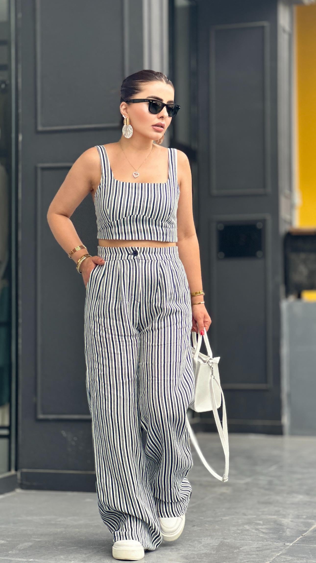 Lacivert Keten Çizgili Crop Pantolon Takım