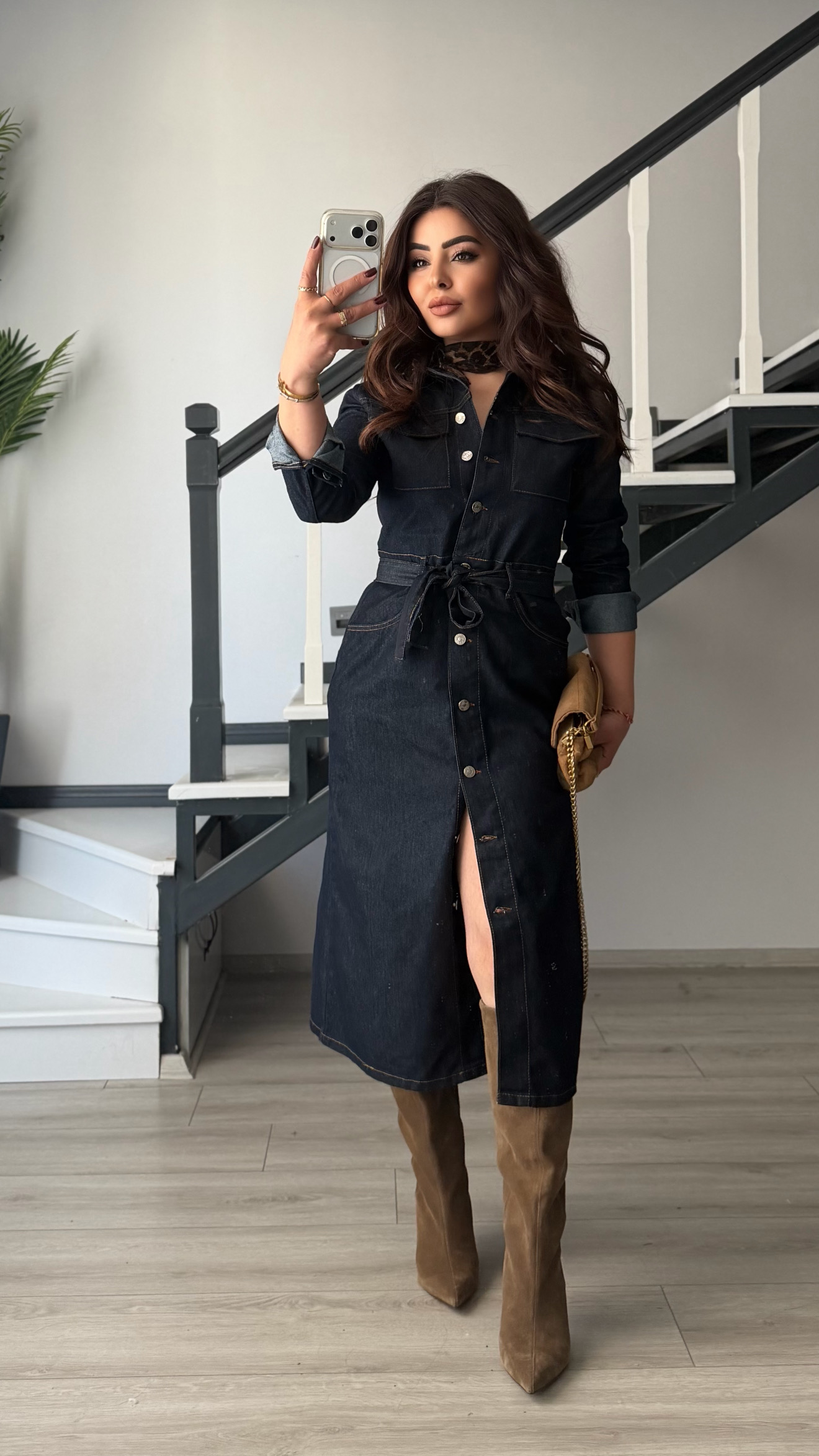 Lacivert Kuşaklı Midi Boy Denim Elbise