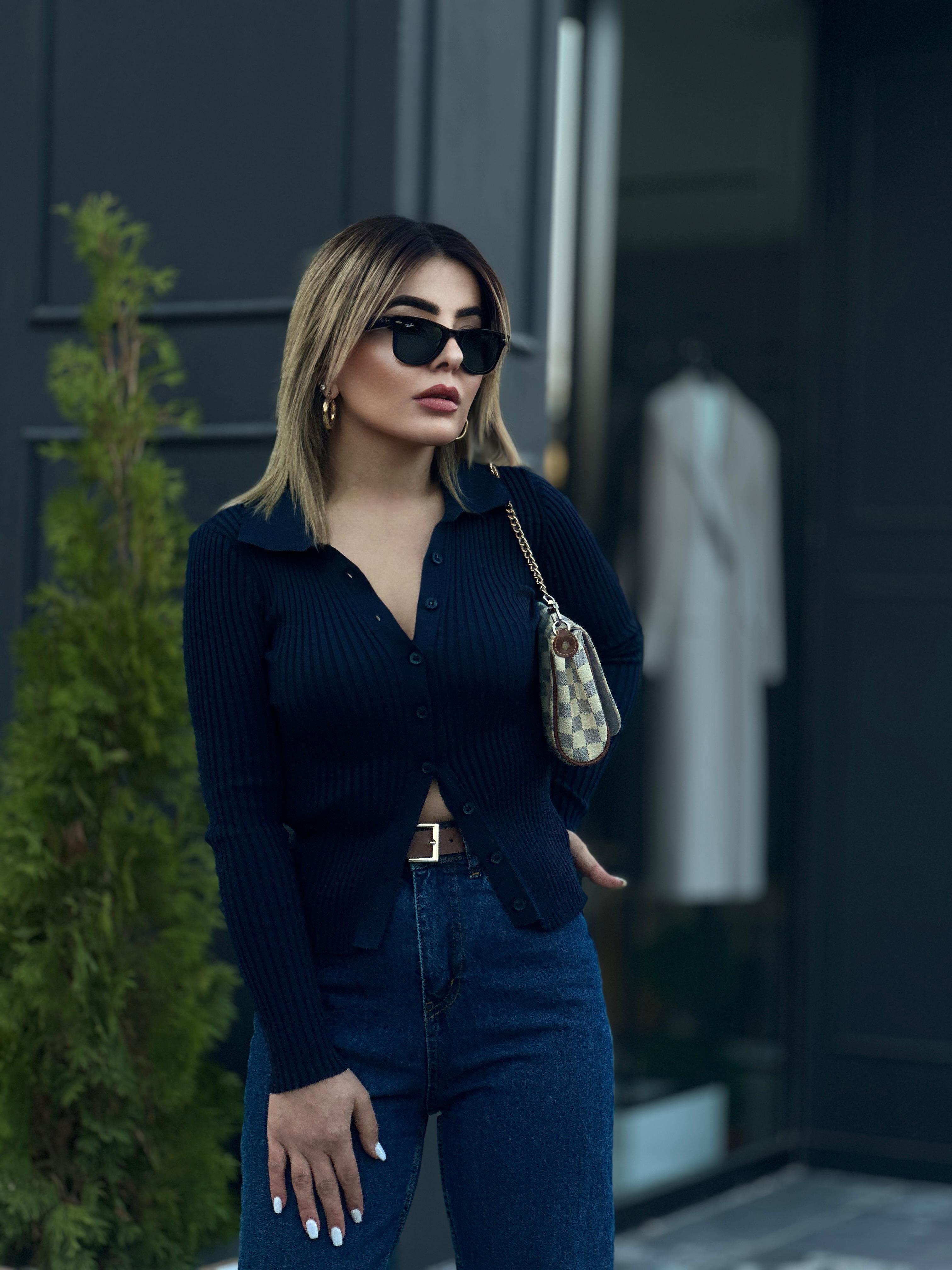 Lacivert Polo Yaka Çelik Örme Düğmeli Triko Bluz