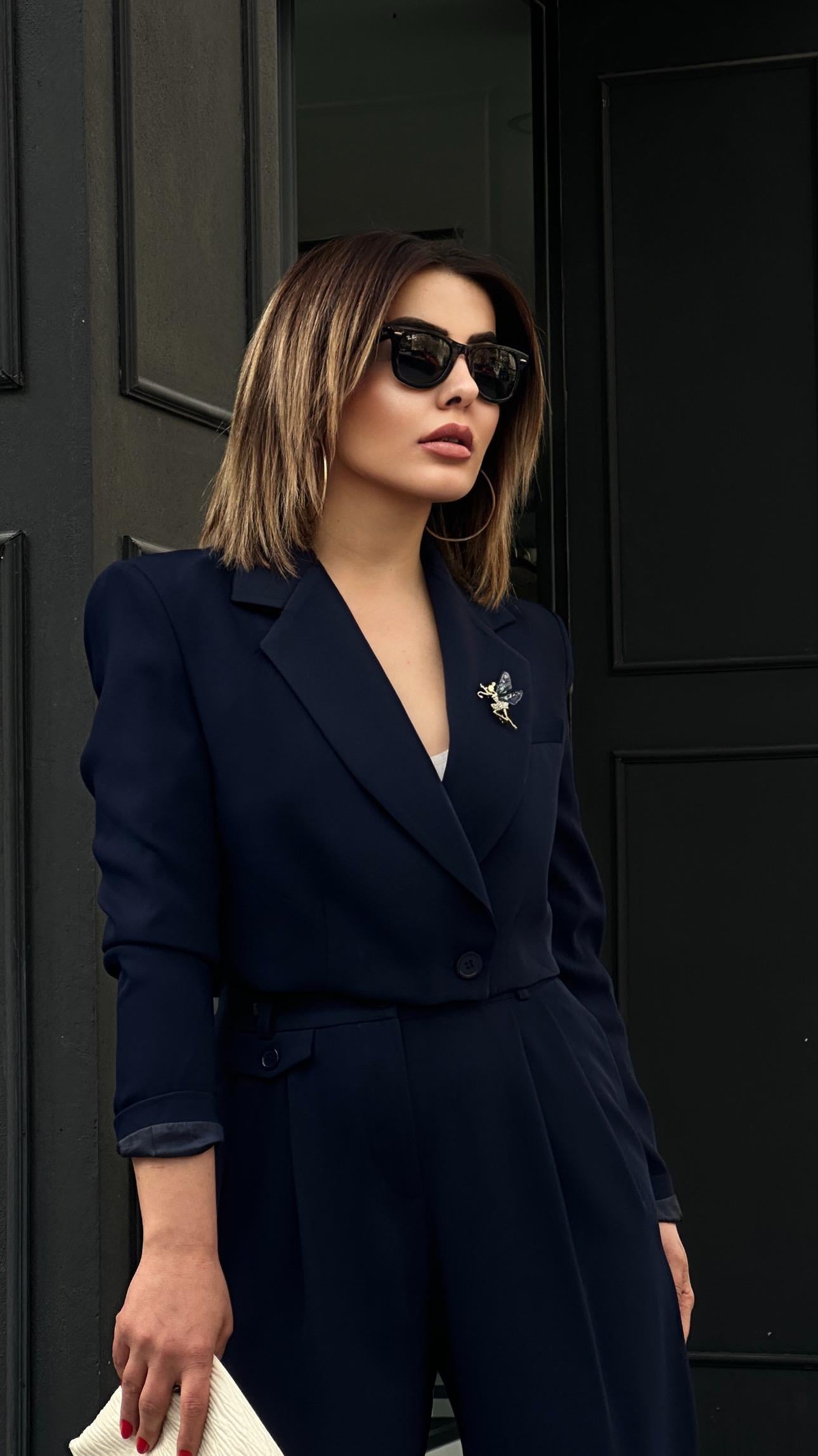 Lacivert Premium Astarlı Düğmeli Crop Ceket 