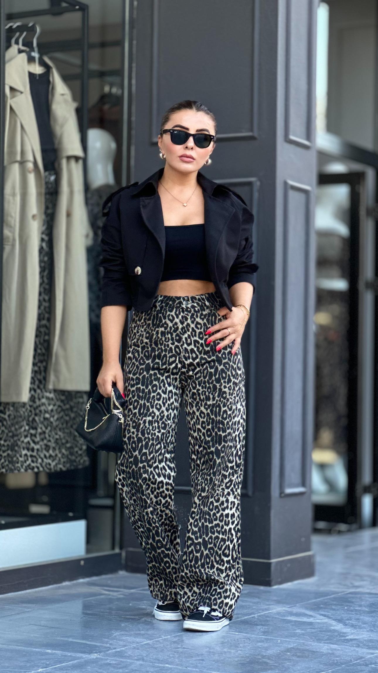 Leopar Desen Gabardin Pantolon 