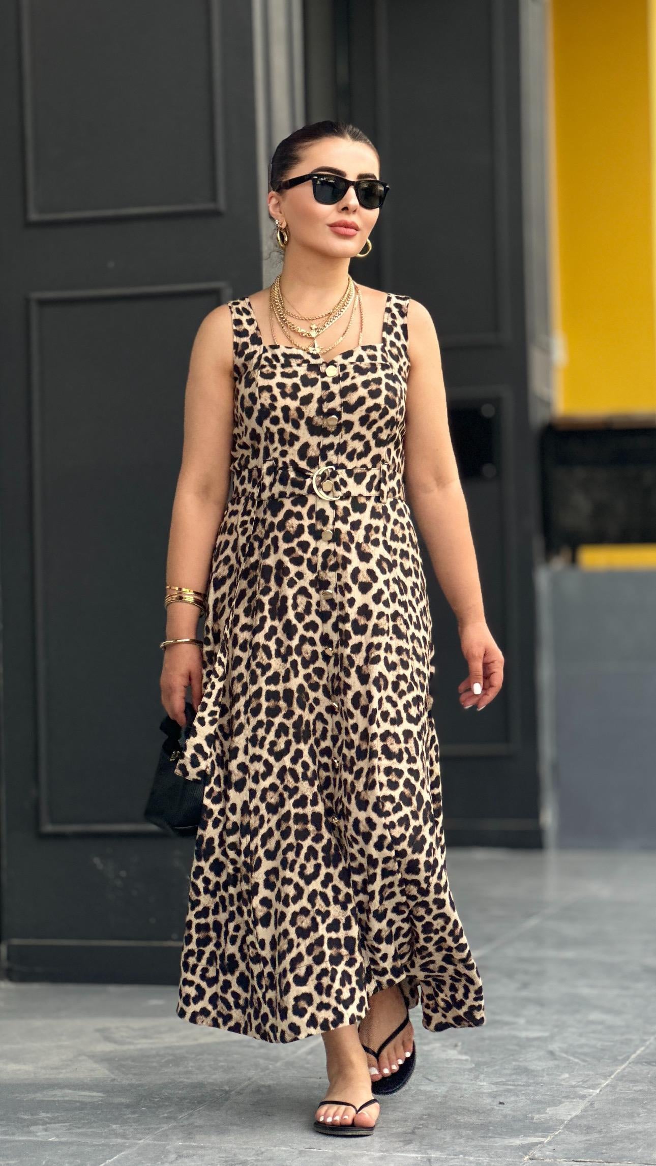Leopar Desen Gold Düğme Detaylı Kuşaklı Elbise 