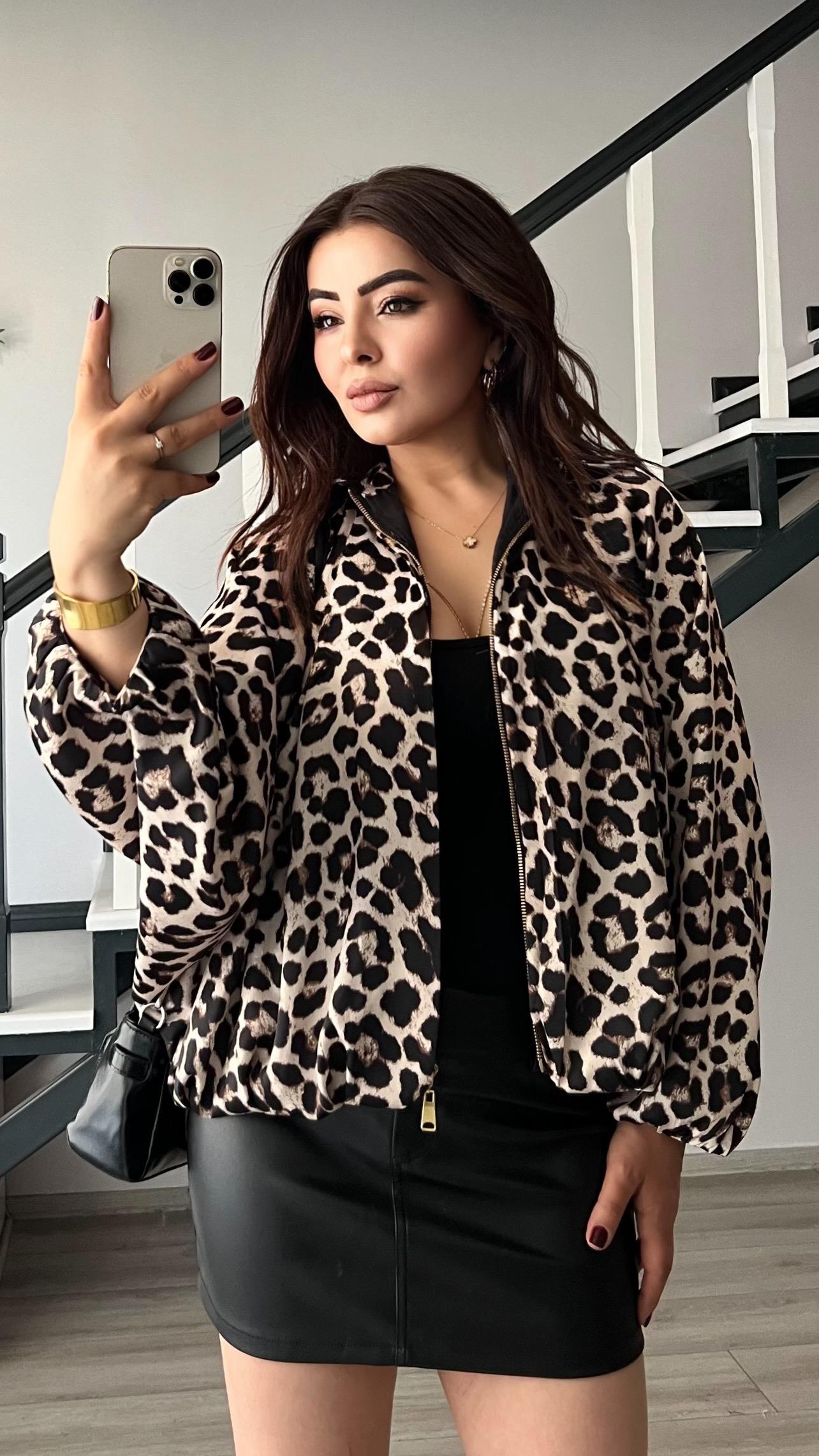 Leopar Desen Saten  Bomber Trençkot