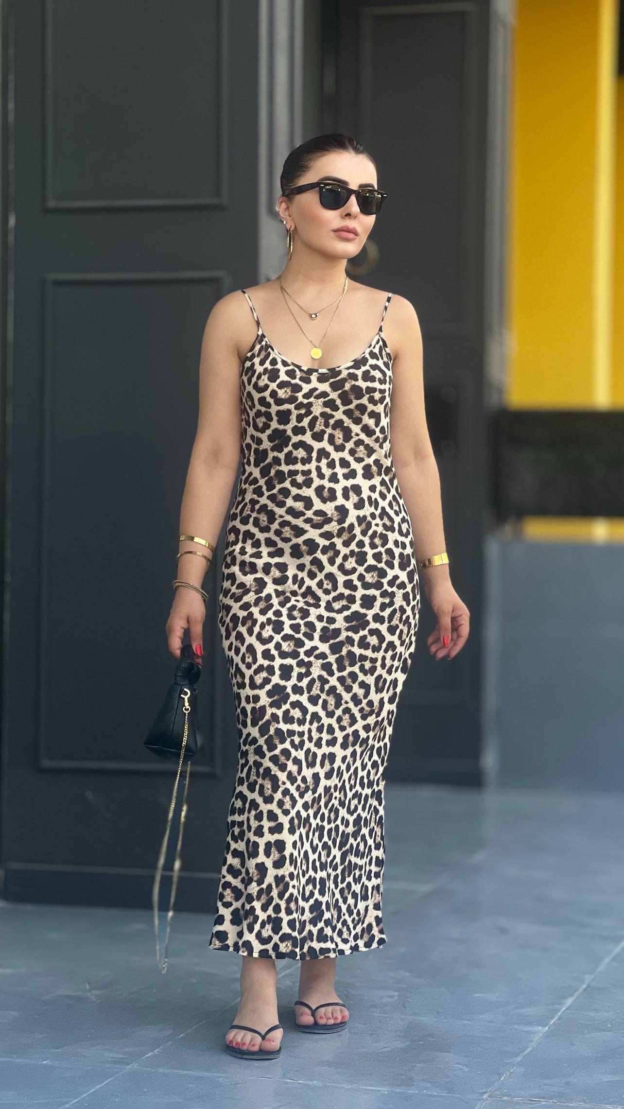 Leopar Desen Tok Saten Ayarlanabilir Askılı Elbise