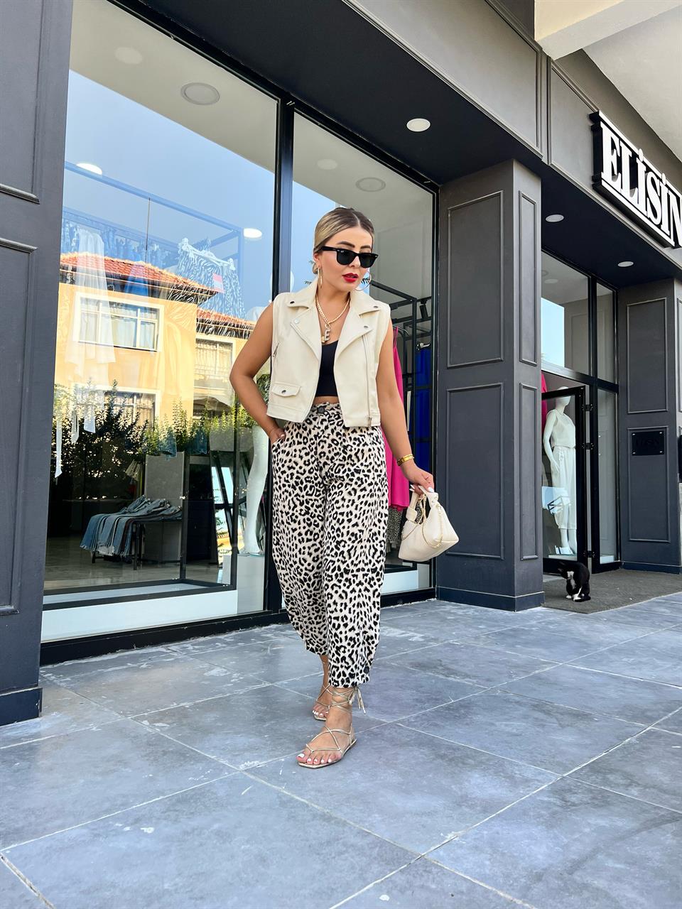 Leopar Paça Düğmeli Slouchy Pantolon