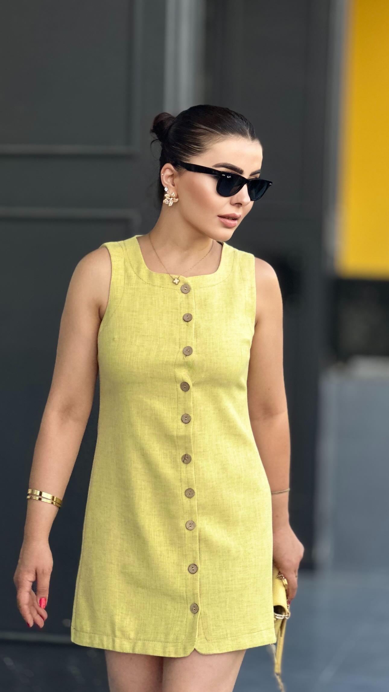 Lime Düğme Detaylı Mini Elbise