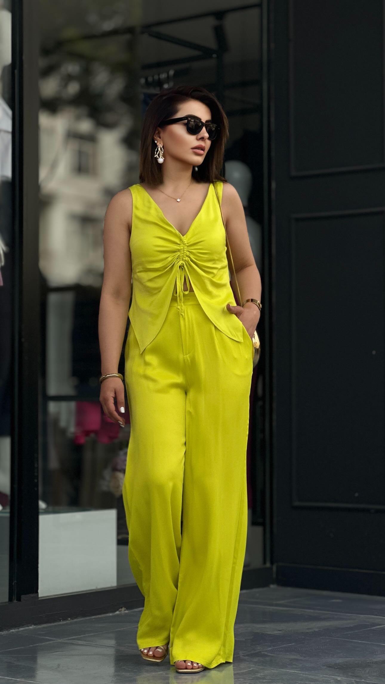 Lime Saten Askılı Bluz Pantolon Takım