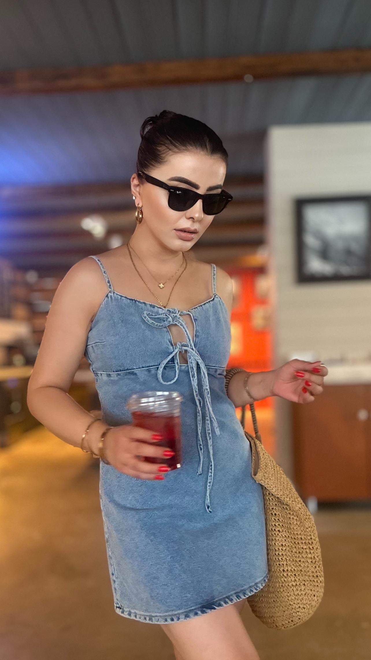 Mavi Askılı Verev Kesim Denim Elbise 