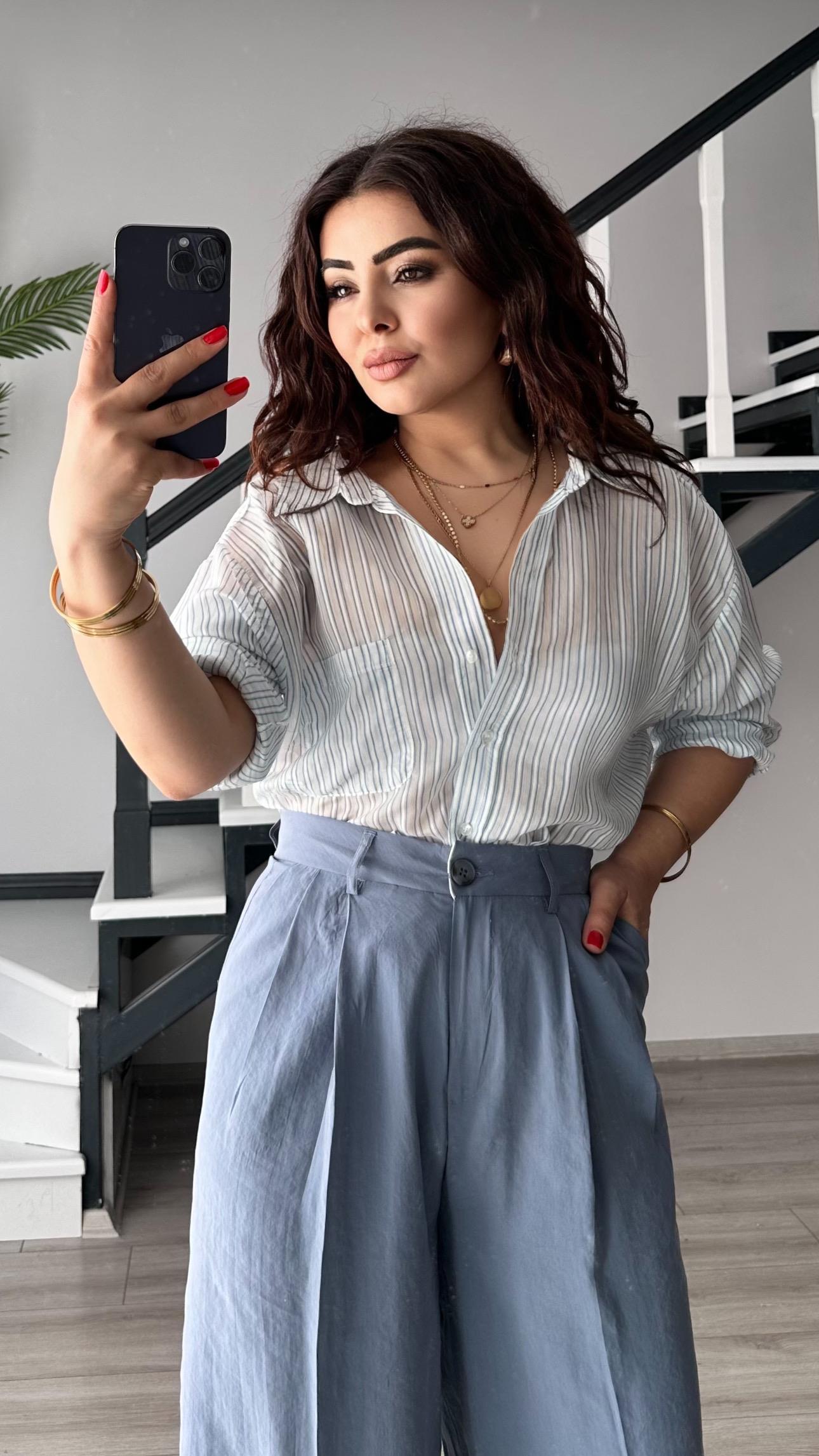 Mavi Boydan Çizgili Oversize Gömlek