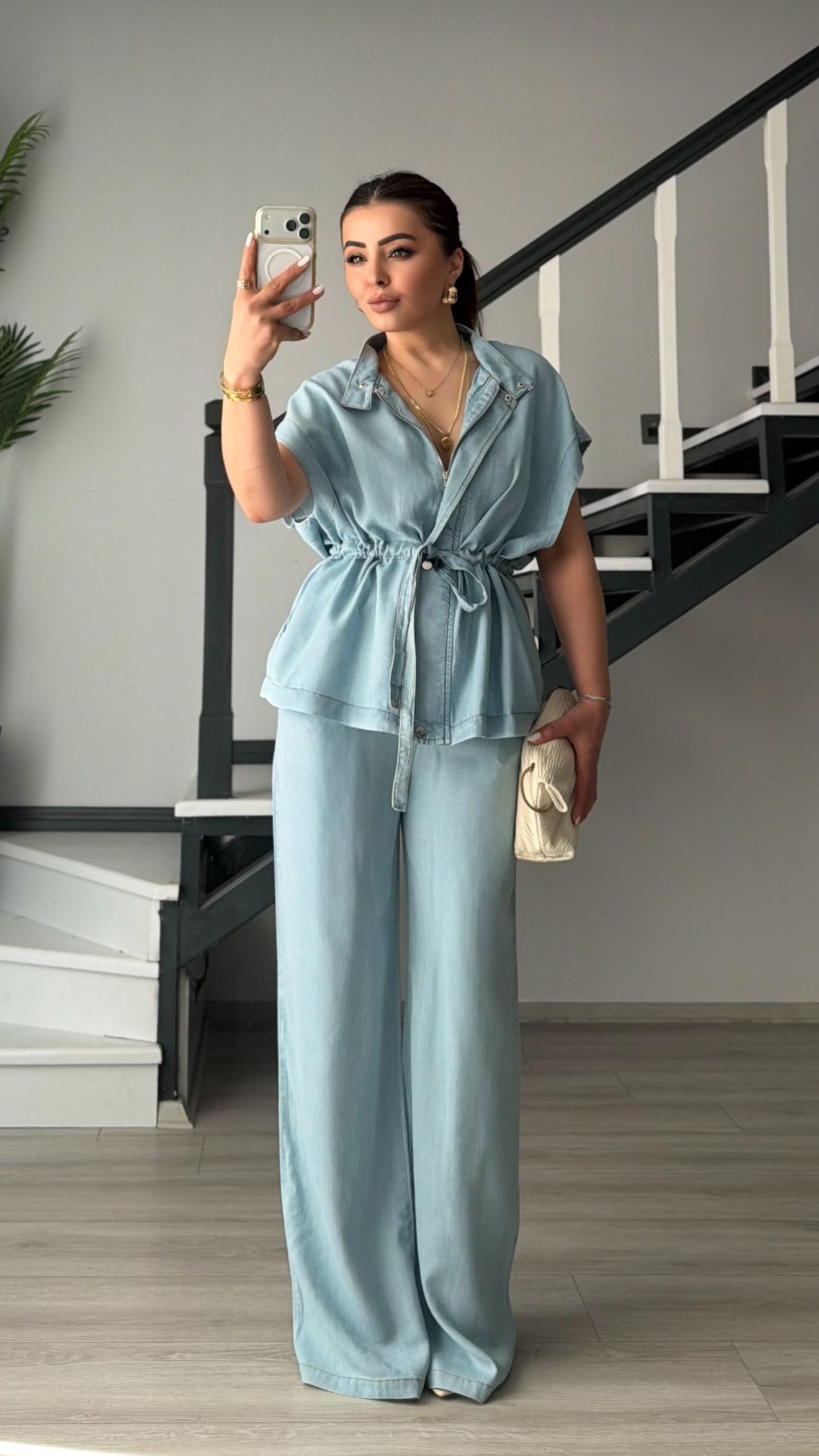 Mavi Denim Görünümlü Tencel Yelek-Pantolon Takım
