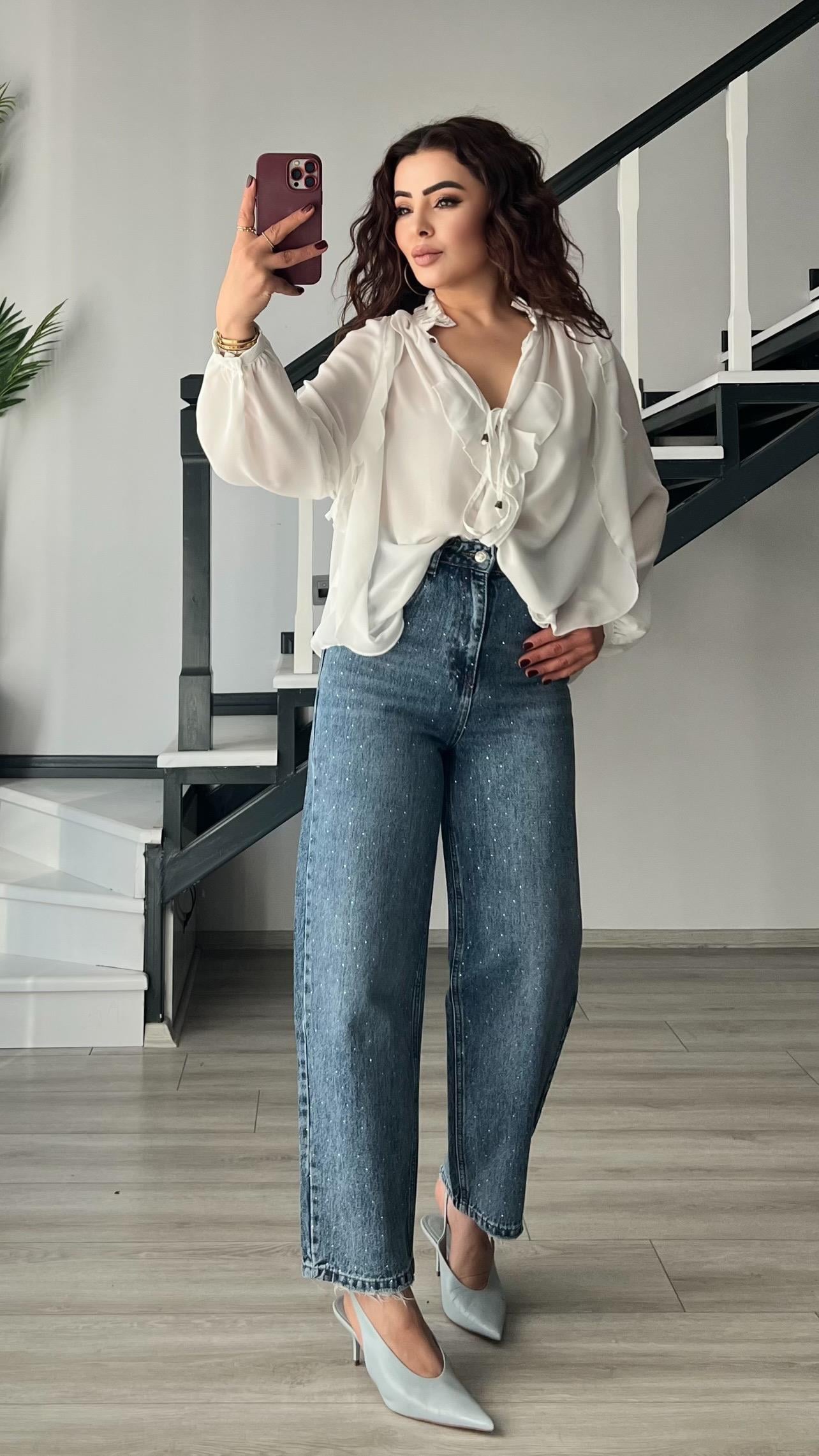 Blue Minimalist Stone Embellished Skater Jeans