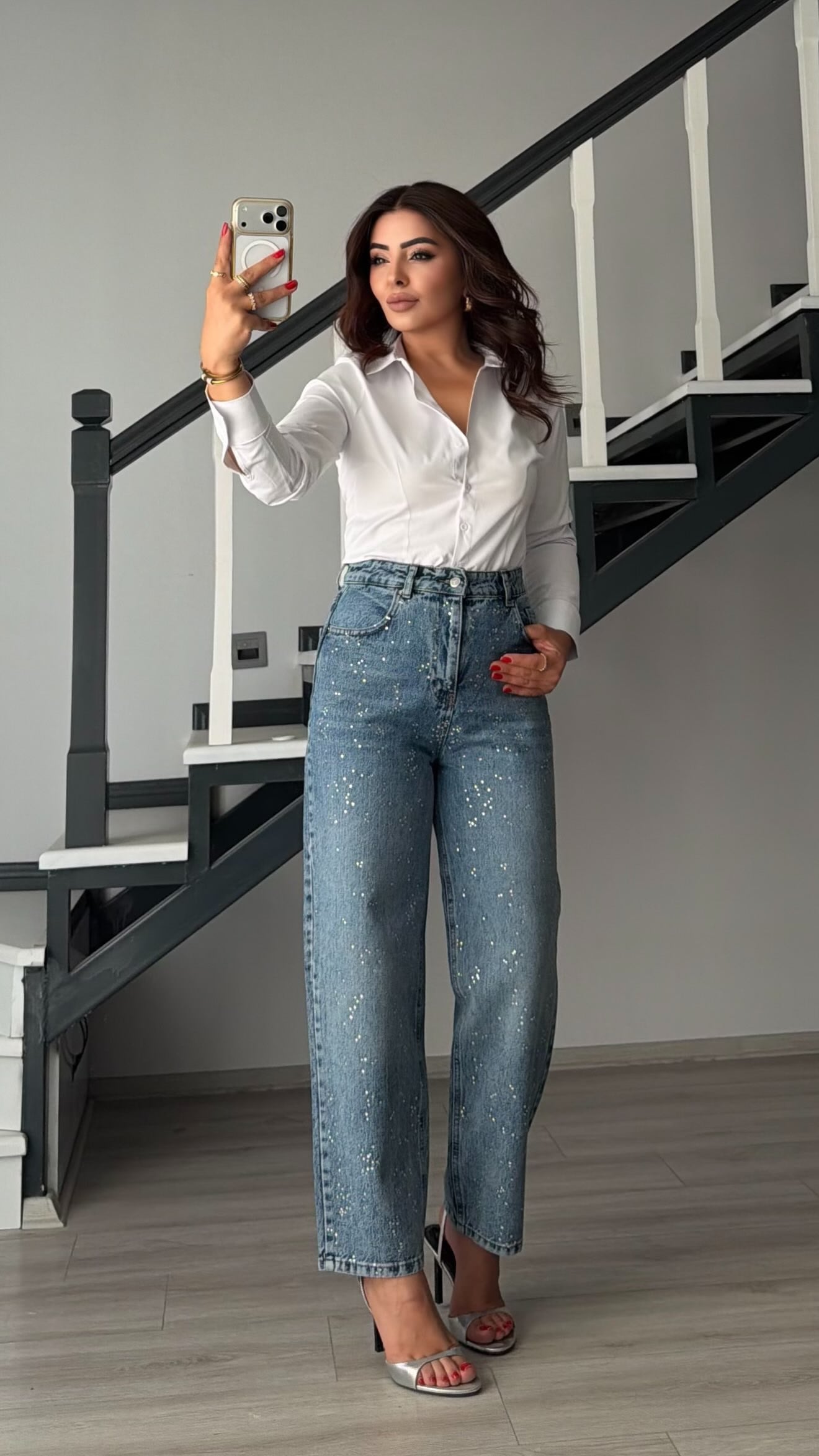 Mavi Taşlı Skater Jean