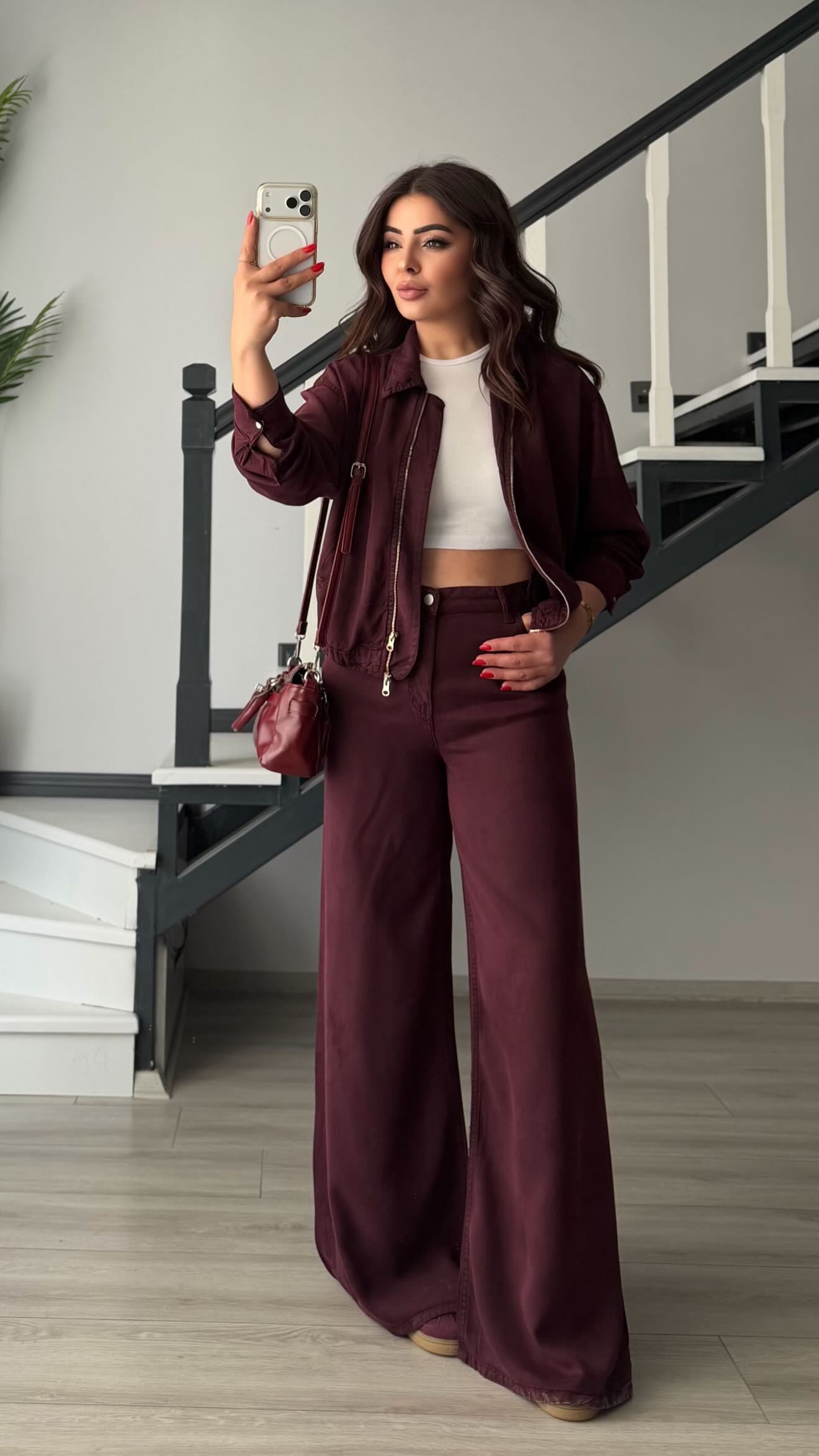 Mürdüm Tencel Bomber Ceket-Pantolon Takım