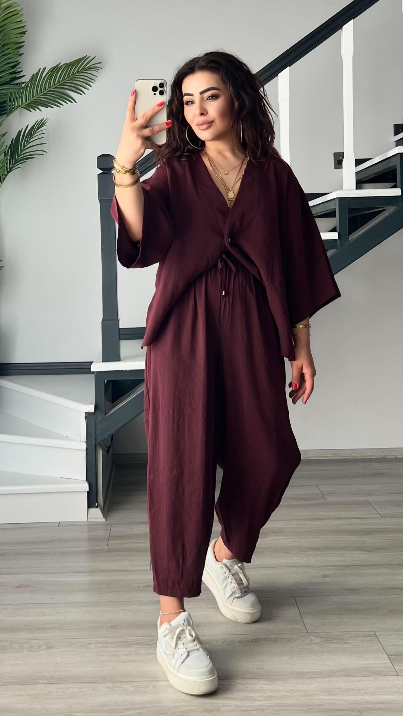 Mürdüm Tnsel Beli Lastikli Şalvar Pantolon