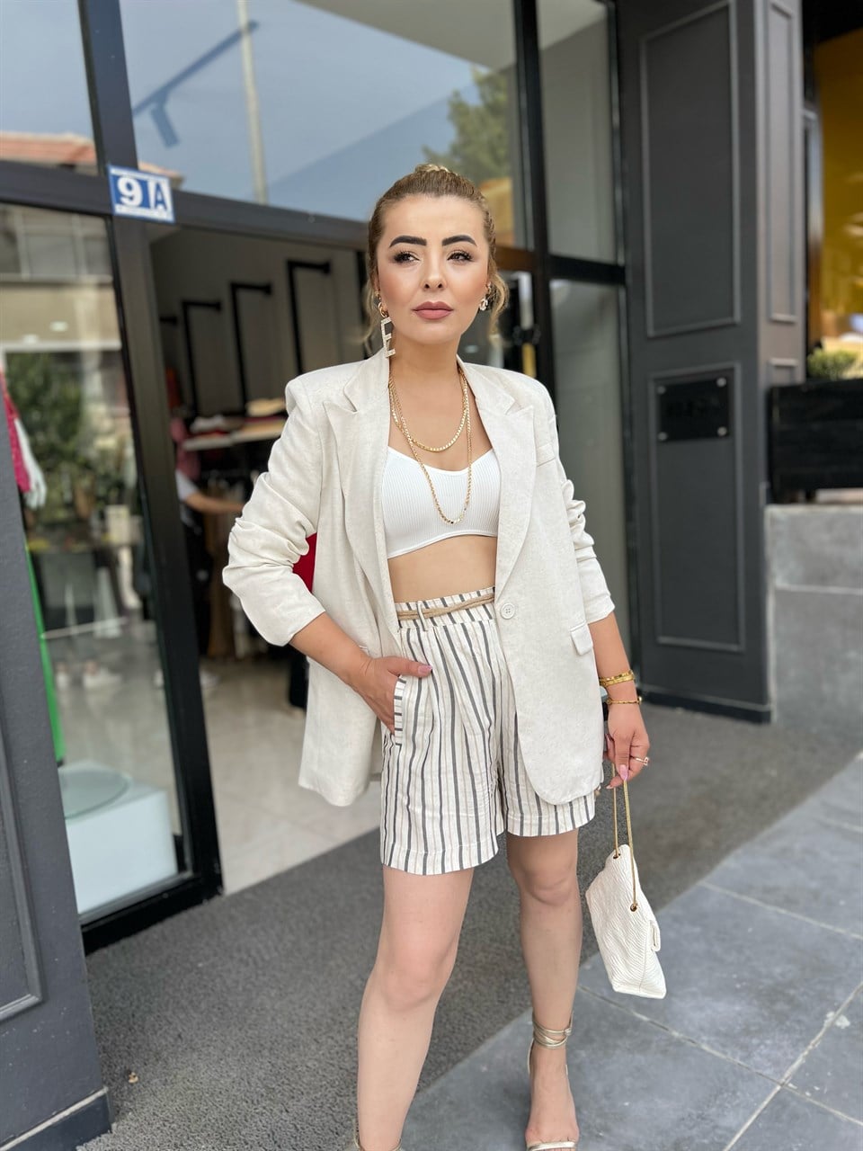 Naturel Keten Blazer Ceket