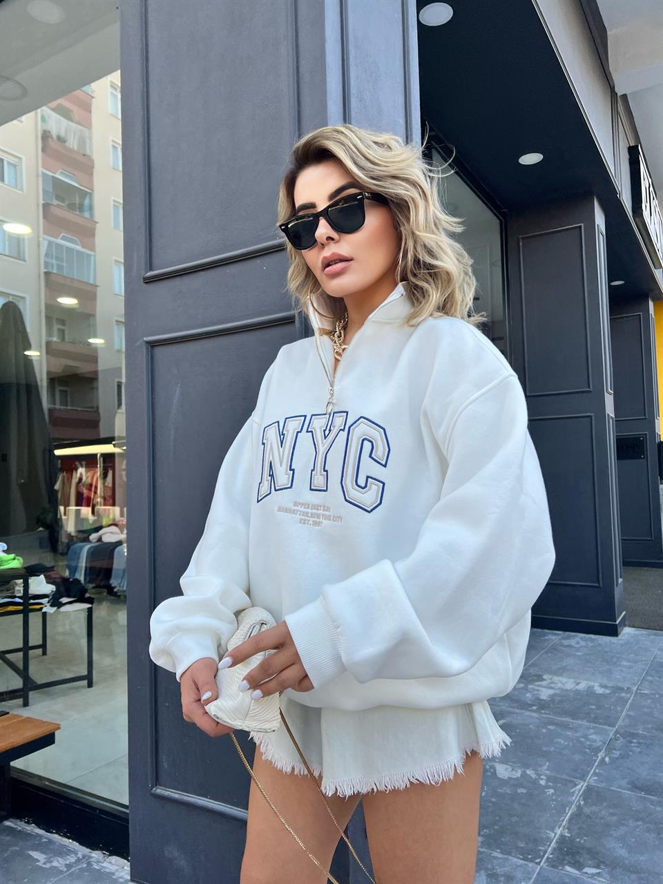 NYC Nakışlı Fermuarlı Sweatshirt