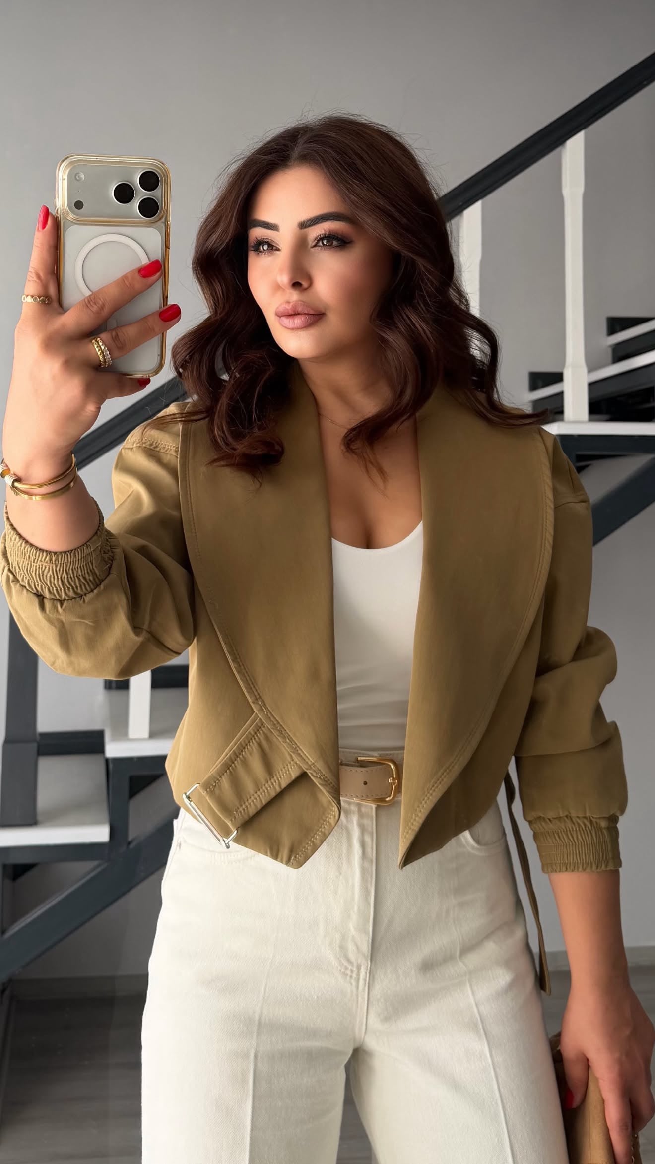 Olive Bel Lastikli Kemerli Bomber Trençkot