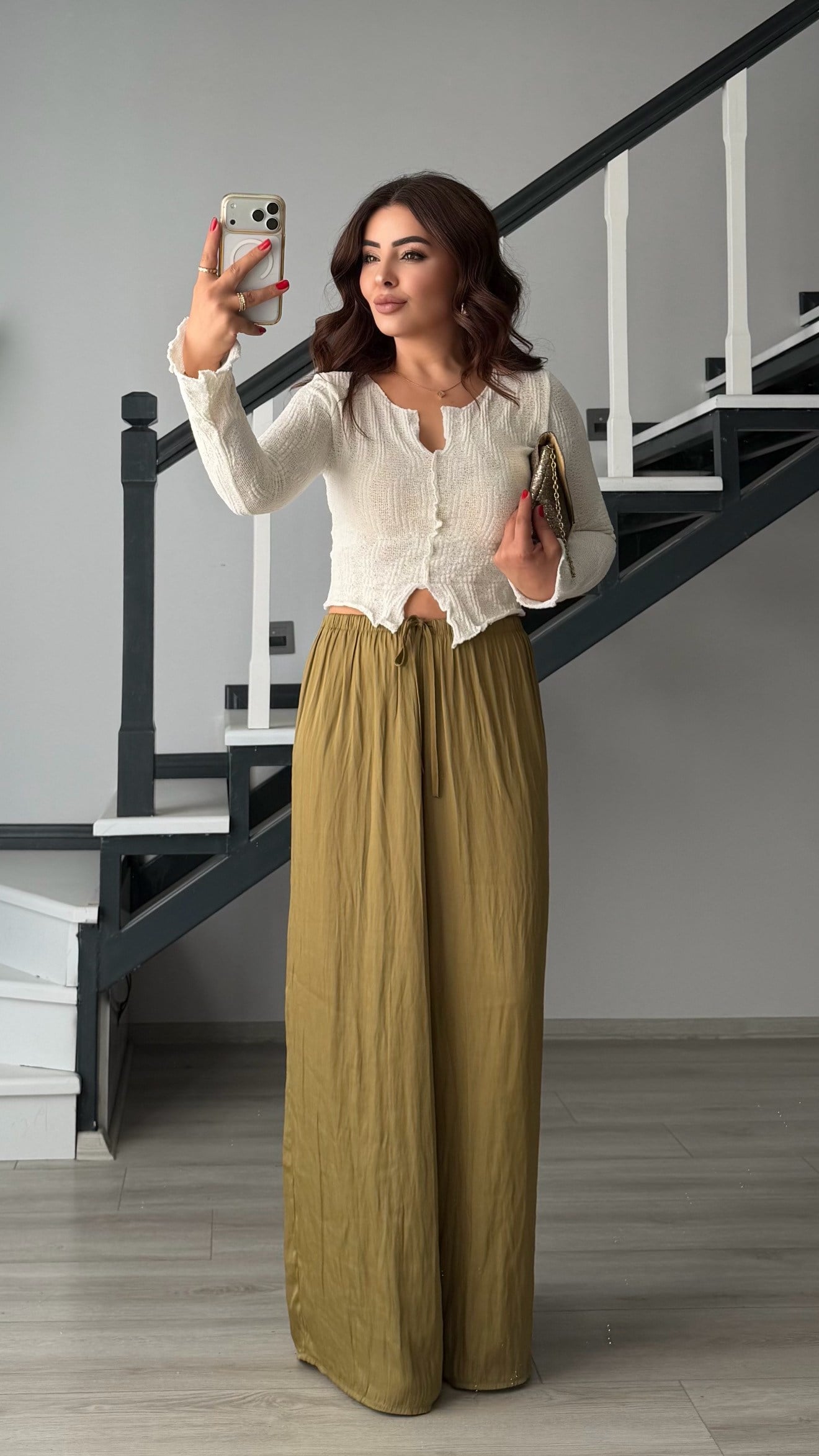 Olive Dökümlü Saten Pantolon