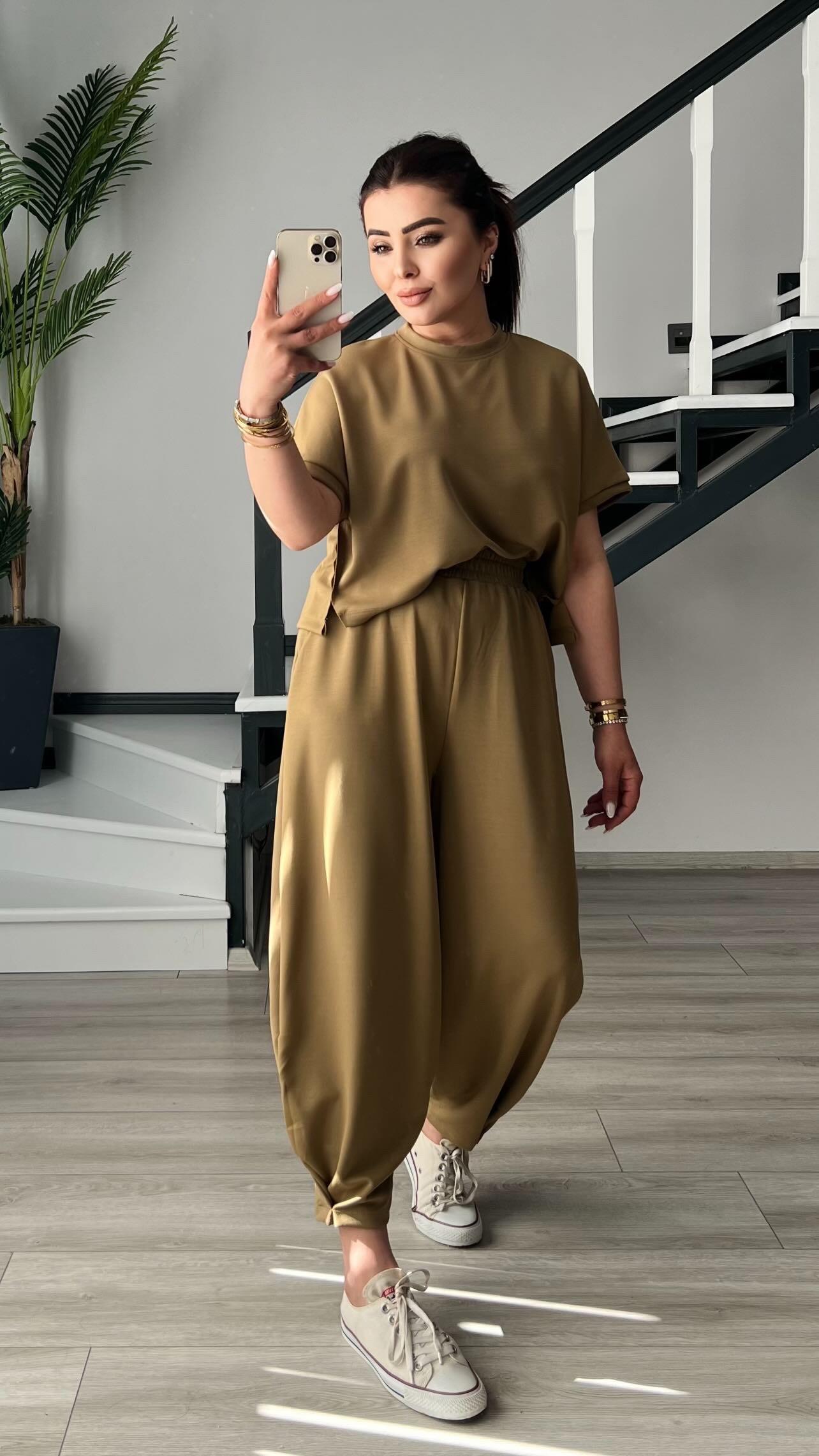 Olive Modal Kumaş Tişört-Pantolon Takım