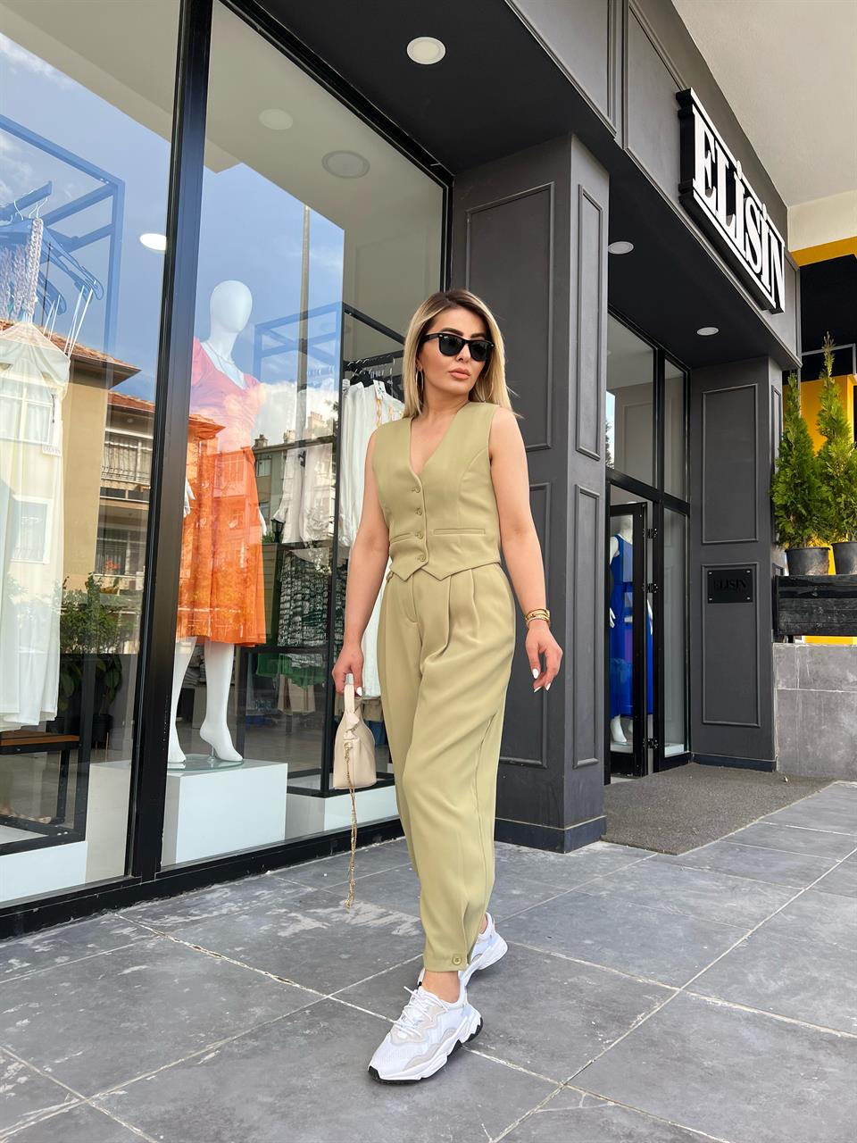 Olive Paça Düğmeli Pantolon