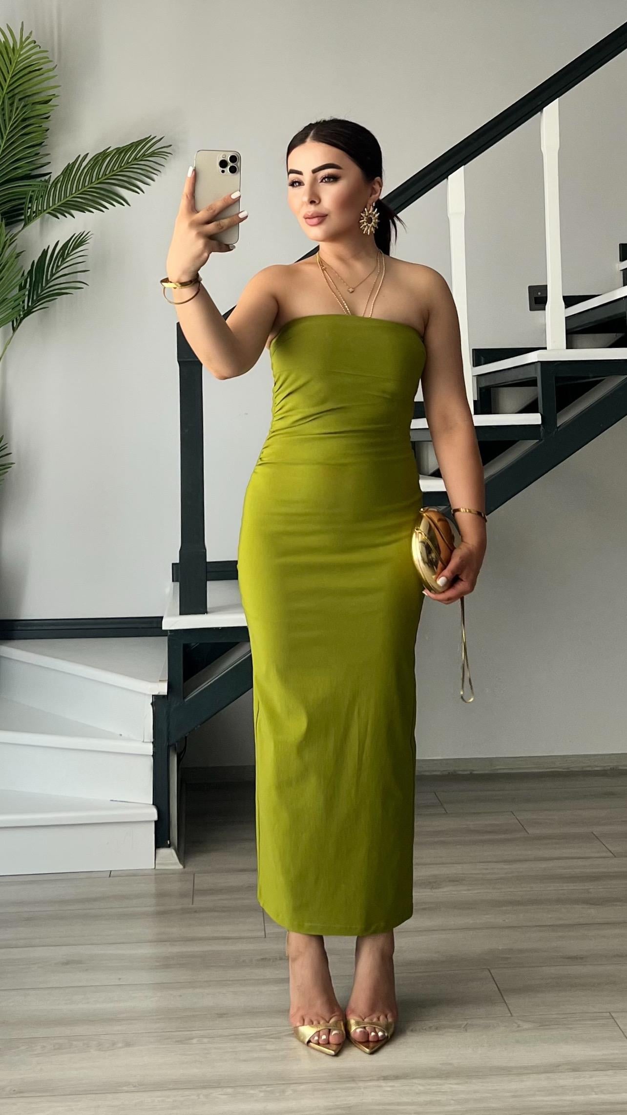 Olive Straplez Bel Gipe Detaylı Yırtmaçlı Elbise