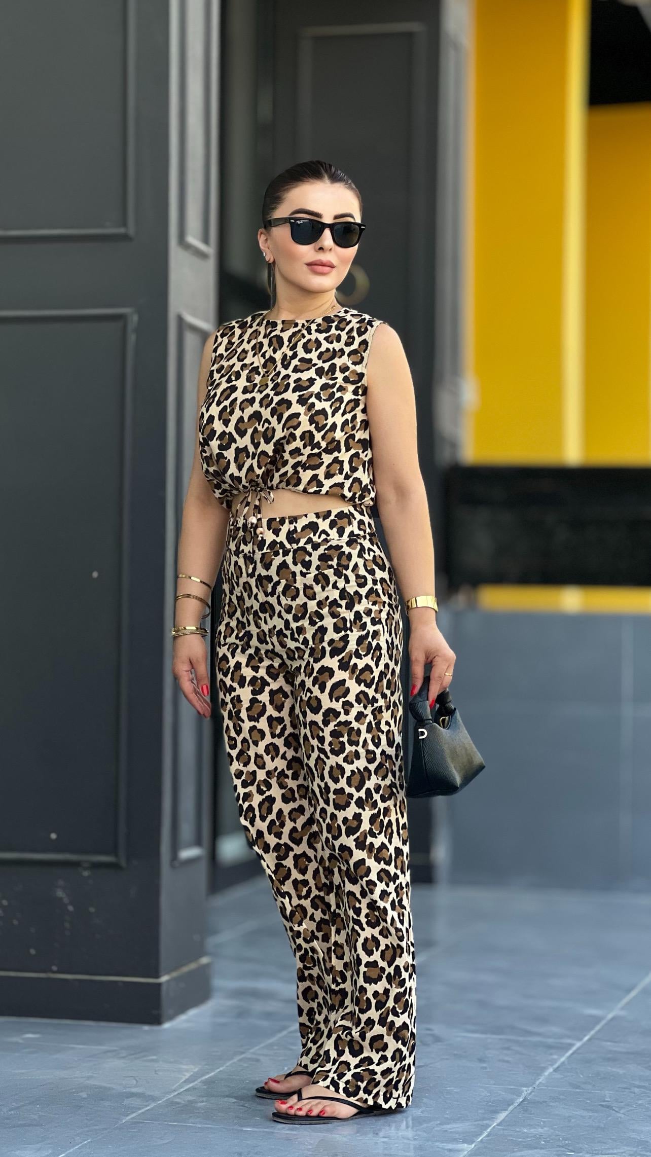 Orjinal Marka Leopar Desen Büzgülü Bluz Pantolon Takım 