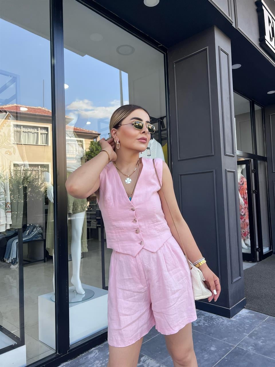 Pembe %100 Ham Keten Astarı Pamuklu Yelek