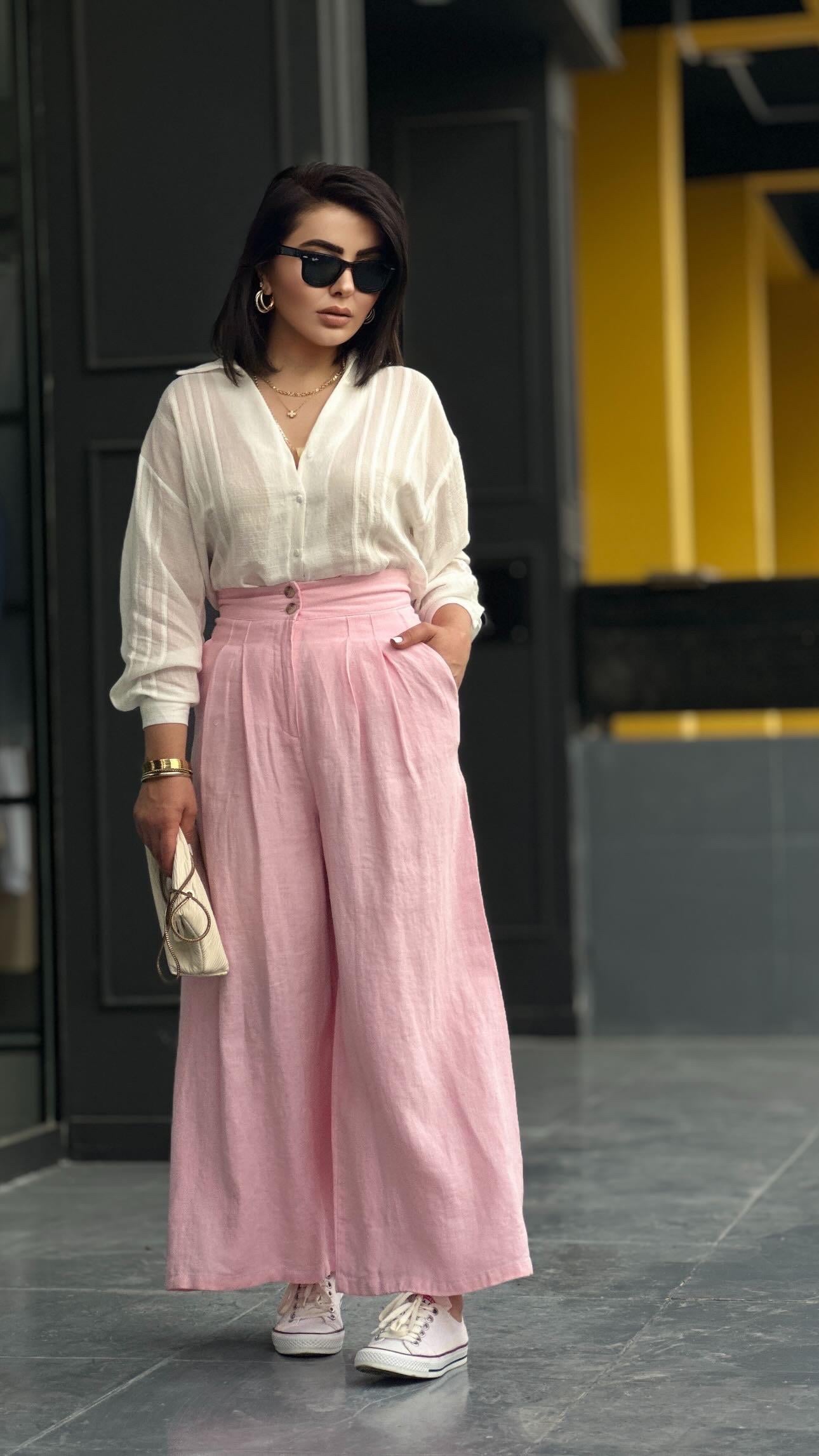 Pembe % 100 Ham Keten Çift Pensli Çift Düğmeli Bol Paça Pantolon