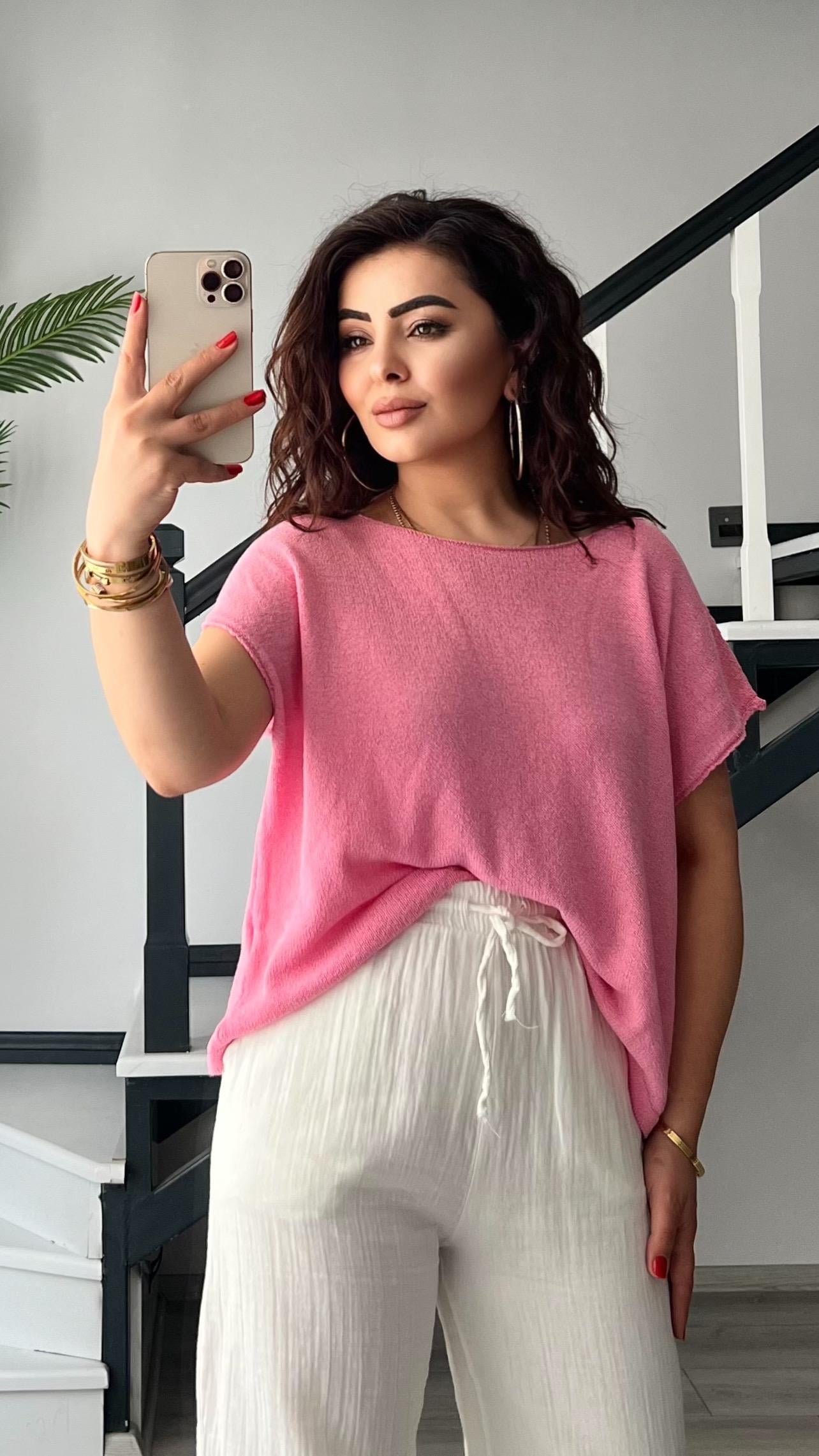 Pembe Kayık Yaka Merserize Bluz